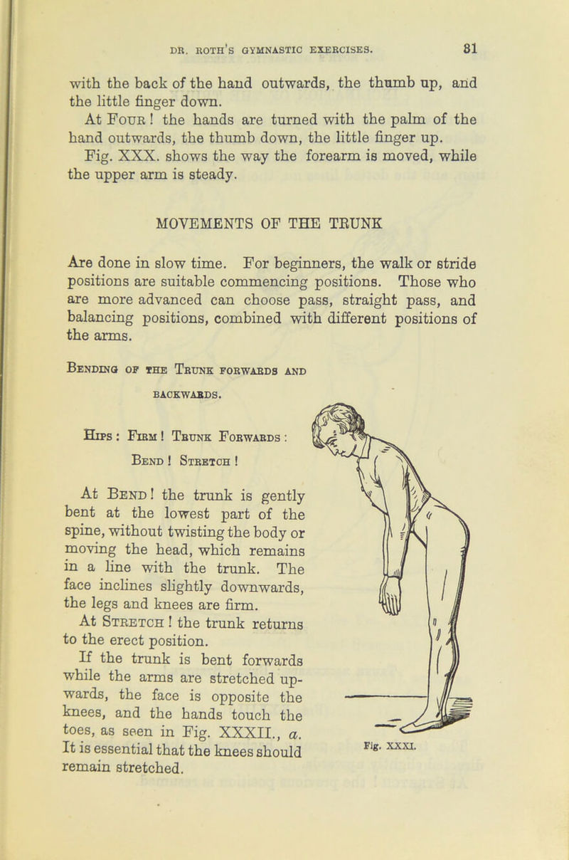 with the back of the hand outwards, the thumb up, and the little finger down. At Four ! the hands are turned with the palm of the hand outwards, the thumb down, the little finger up. Fig. XXX. shows the way the forearm is moved, while the upper arm is steady. MOVEMENTS OF THE TBUNK Are done in slow time. For beginners, the walk or stride positions are suitable commencing positions. Those who are more advanced can choose pass, straight pass, and balancing positions, combined with different positions of the arms. Bending of the Trunk forwards and BACKWARDS. Hips : Firm ! Trunk Forwards : Bend ! Stretch ! At Bend ! the trunk is gently bent at the lowest part of the spine, without twisting the body or moving the head, which remains in a line with the trunk. The face inclines slightly downwards, the legs and knees are firm. At Stretch ! the trunk returns to the erect position. If the trunk is bent forwards while the arms are stretched up- wards, the face is opposite the knees, and the hands touch the toes, as seen in Fig. XXXII., a. It is essential that the knees should remain stretched.