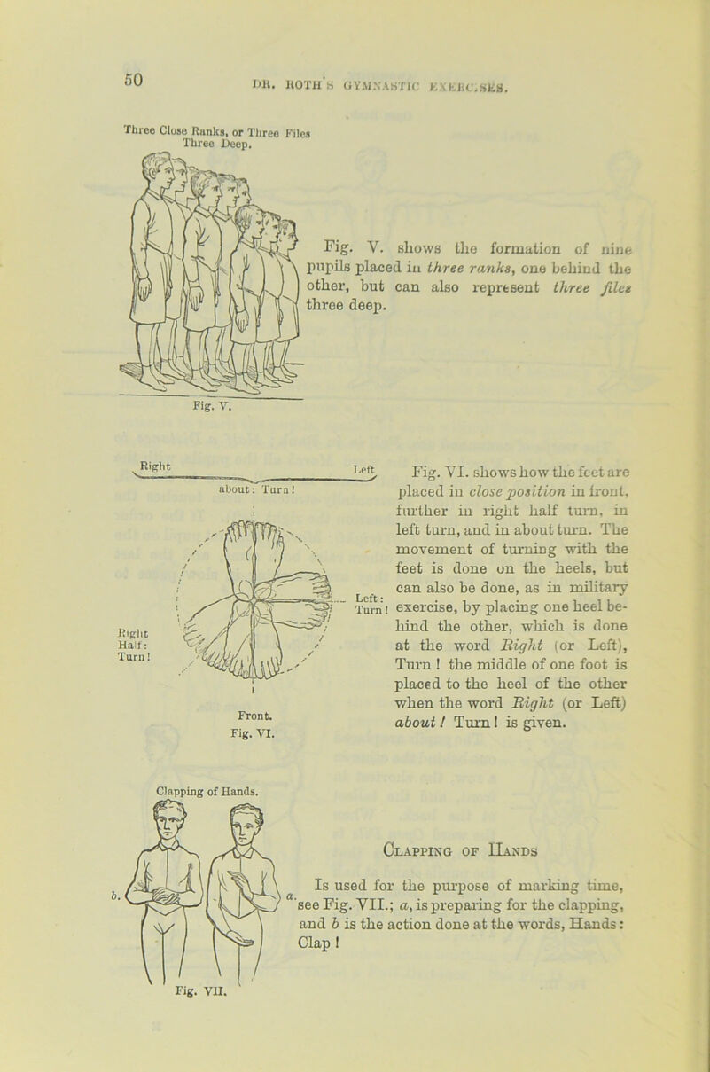 mt. hoth'k gymnastic Kxiau .ses. Three Close Ranks, or Three Files Three Deep. Fig. V. shows the formation of nine pupils placed in three ranks, one behind the other, but can also represent three files throe deep. Fig. V. ^ Right about: Turn! Front. Fig. VI. Fig. VI. shows how the feet are placed in close position in front, further in right half turn, in left turn, and in about turn. The movement of turning with the feet is done on the heels, but can also be done, as in military Turn ! exercise, by placing one heel be- hind the other, which is done at the word Bight for Left), Turn ! the middle of one foot is placed to the heel of the other when the word Bight (or Left) about! Turn 1 is given. Clapping of Hands. Clapping of Hands Is used for the purpose of marking time, see Fig. VII.; a, is preparing for the clapping, and b is the action done at the words, Hands: Clap !