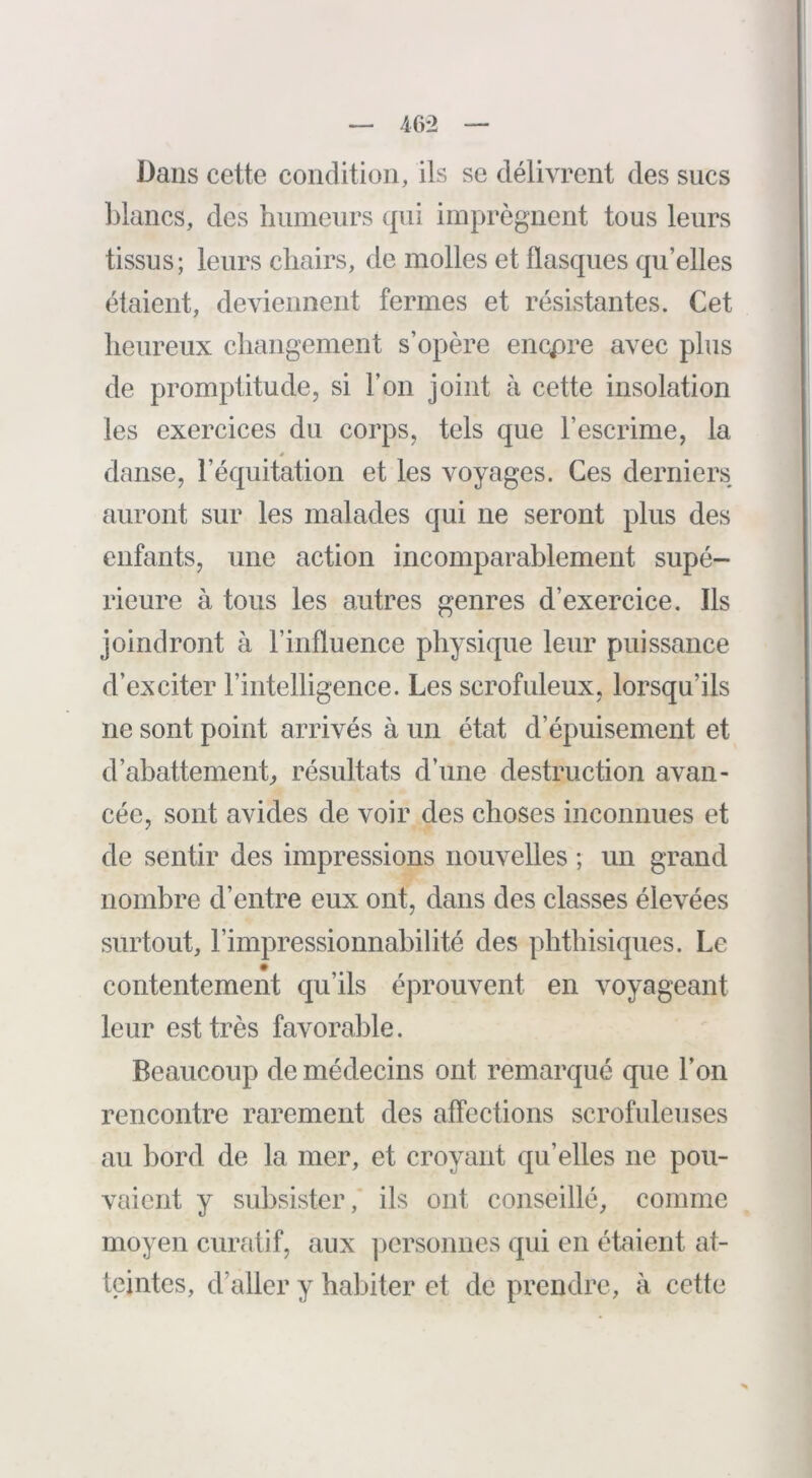 — 4(r2 — Dans cette condition, ils se délivrent des sucs blancs, des humeurs qui imprègnent tous leurs tissus; leurs chairs, de molles et flasques qu’elles étaient, deviennent fermes et résistantes. Cet heureux changement s’opère encpre avec plus de promptitude, si l’on joint à cette insolation les exercices du corps, tels que l’escrime, la danse, l’équitation et les voyages. Ces derniers auront sur les malades qui ne seront plus des enfants, une action incomparablement supé- rieure à tous les autres genres d’exercice. Ils joindront à l’influence physique leur puissance d’exciter l’intelligence. Les scrofuleux, lorsqu’ils ne sont point arrivés à un état d’épuisement et d’abattemenC résultats d’une destruction avan- cée, sont avides de voir des choses inconnues et de sentir des impressions nouvelles ; un grand nombre d’entre eux ont, dans des classes élevées surtout, l’impressionnabilité des phthisiques. Le contentement qu’ils éprouvent en voyageant leur est très favorable. Beaucoup de médecins ont remarqué que l’on rencontre rarement des affections scrofuleuses au bord de la mer, et croyant qu’elles ne pou- vaient y subsister,' ils ont conseillé, comme moyen curatif, aux ])ersonnes qui en étaient at- teintes, d’aller y habiter et de prendre, à cette