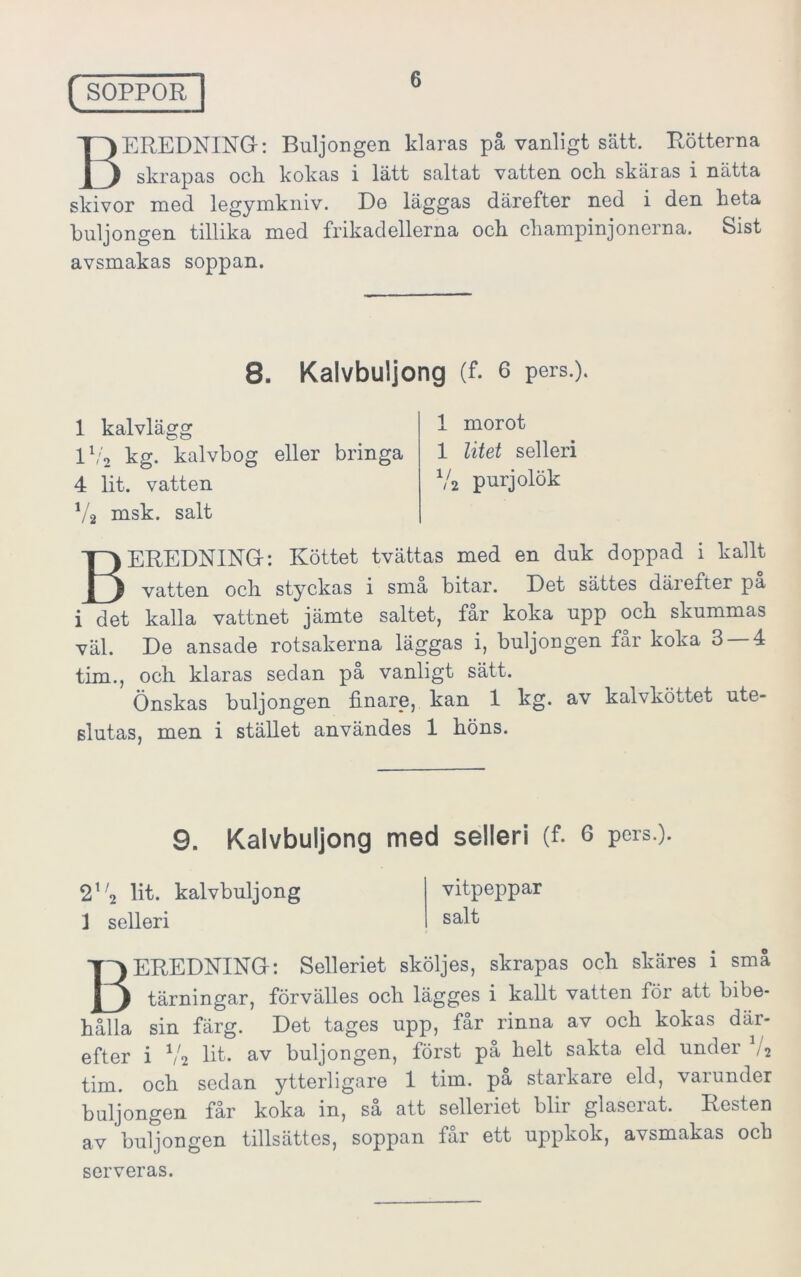 BEREDNING: Buljongen klaras på vanligt sätt. Rötterna skrapas ocli kokas i lätt saltat vatten och skäras i nätta skivor med legymkniv. De läggas därefter ned i den heta buljongen tillika med frikadellerna och champinjonerna. Sist avsmakas soppan. 8. Kalvbuljong (f. 6 pers.). 1 kalvlägg 1V2 kg. kalvbog eller bringa 4 lit. vatten V2 msk. salt 1 morot 1 litet selleri V2 purjolök BEREDNING-: Köttet tvättas med en duk doppad i kallt vatten och styckas i sma bitar. Det sättes däi efter pa i det kalla vattnet jämte saltet, får koka upp och skummas väl. De ansade rotsakerna läggas i, buljongen får koka 3 — 4 tim., och klaras sedan på vanligt sätt. Önskas buljongen finare, kan 1 kg. av kalvköttet ute- slutas, men i stället användes 1 höns. 9. Kalvbuljong med selleri (f. 6 pers.). 2u2 lit. kalvbuljong vitpeppar 1 selleri sa^f BEREDNING: Selleriet sköljes, skrapas och skäres i små tärningar, förvälles och lägges i kallt vatten för att bibe- hålla sin färg. Det tages upp, får rinna av och kokas där- efter i V2 lit. av buljongen, först på helt sakta eld under / 2 tim. och sedan ytterligare 1 tim. på starkare eld, varunder buljongen får koka in, så att selleriet blir glaserat. Resten av buljongen tillsättes, soppan får ett uppkok, avsmakas och serveras.