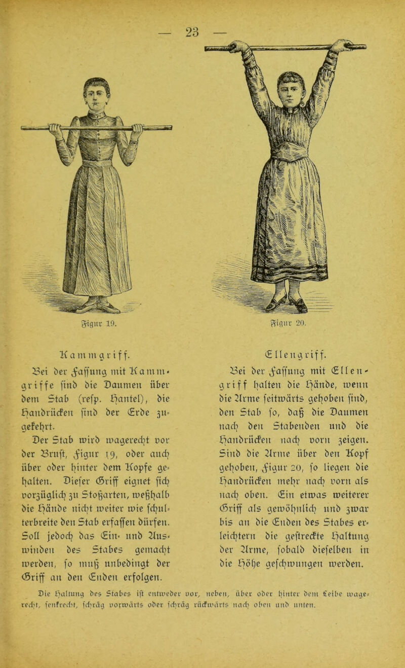 5igur 10. ^igur 20. K a m m g i i f f. i?ct bei- ^faffung mit 'Kamm« griffe finb bie Paumen über bem Stab (refp. iiantel), bie fjanbriicfcu finb ber (Erbe 311= gefeiert. Per Stab mirb luagcredjt cor ber Sritft, ^?fignr \9, ober aud? über ober hinter bem Kopfe ge< {galten. Piefer (Sriff eignet ftdj oor5Üglidj 31t Stoßarten, me§t}alb ^ bie ffänbe nidjt meiter mie fdjn[= terbreite bcn Stab crfaffen bürfen. Soll jebodj bas (Ein- nnb Kiis» minben bes Stabes gemadjt merben, fo mn|5 unbebingt ber (Sriff an ben (Enben erfolgen. (£ Ilengriff. 23ei ber Raffung mit (Ellen' griff Italien bie Ifänbc, menn bie Krme feitmärts gct|oben finb, bcn Stab fo, ba§ bie Panmcn nadj ben Stabenben itnb bie bianbrücfen nadj oorn 3cigcn. Sinb bie Krme über ben Kopf gehoben, {fignr 20, fo liegen bie Ifanbriicfen mehr nadj oorn als nadj oben. (Ein ctmas mciterer tSriff als gemöhnlidj nnb 3mar bis an bie (Enben bes Stabes er« leidstem bie geflrecftc Ifaltung ber Krme, fobalb biefelben in bie Iföhc gefchumngen merben. Die lialtuiiv» ftes Stabes ift ciitu'cbee uor, neben, über ober Ijintee bem Ceibe inai^e« rcd't, fenfreebt, fd’räij uorroävts ober fdirdg viiefuHirts nadi oben nnb unten. /' I«, m. Vi,