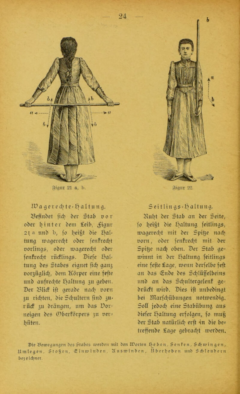 ^ißur 21 a, 1). a ij c r c dj t c»l7 a 11 u n g. Scftnbct fidi bcr Stab o o r ober t|intcr bcm £etb, (Jigur 2t a unb b, fo {]ei§t bte ßab tung tDagcredjt ober feiiFredjt Dorltngs, ober tuagcrecbt ober fenfrecbt riidüngs. Diefe Bat« tung bes Stabes eignet fid? gati5 üor3ÜgItdj, bem Körper eine feftc unb aufredite £7altung 31t geben. Der Blicf ift gerabc nadi uorti 311 rifbten, bie Sdiultern finb 3U« rucf 311 brängen, um bas Dor= neigen bes OUcrförpers 311 oers tjüten. b ' Jtßur 22. Seit litt gs'ßaltung. Kul^t ber Stab an ber Seite, fo beißt bie fjaltimg feitlings, mageredjt mit bei Spiße nach Dorn, ober fcnfredit mit ber Spiße nad? oben. Der Stab ge= minnt in ber Raltung feitlings eine feftc £agc, mcnn bcrfclbe feft an bas (£nbc bes Sdjlüffclbcins nnb an bas Sdjnltcrgclcnf gc= j brii(ft mirb. Dies ift nnbebingt bei nTarfdjübnngen notmcnbig. Soll jcbodj eine Stabübung aus bicfer ffaltung erfolgen, fo muß ber Stab natürlicfa crft *in bie bc* treffenbe Sage gcbradjt werben. Die öeioeaiingcn bcf Stabcä luetbeii mit ben lUortcn e b en, 5 cn f e n, 5djum n ßcn, Umlegen, Stoßen, (£ i n ir i n b e n, J( it 5 tr i n b e n , Uber lieben nnb Scbteiibcrn bejeidjnet.