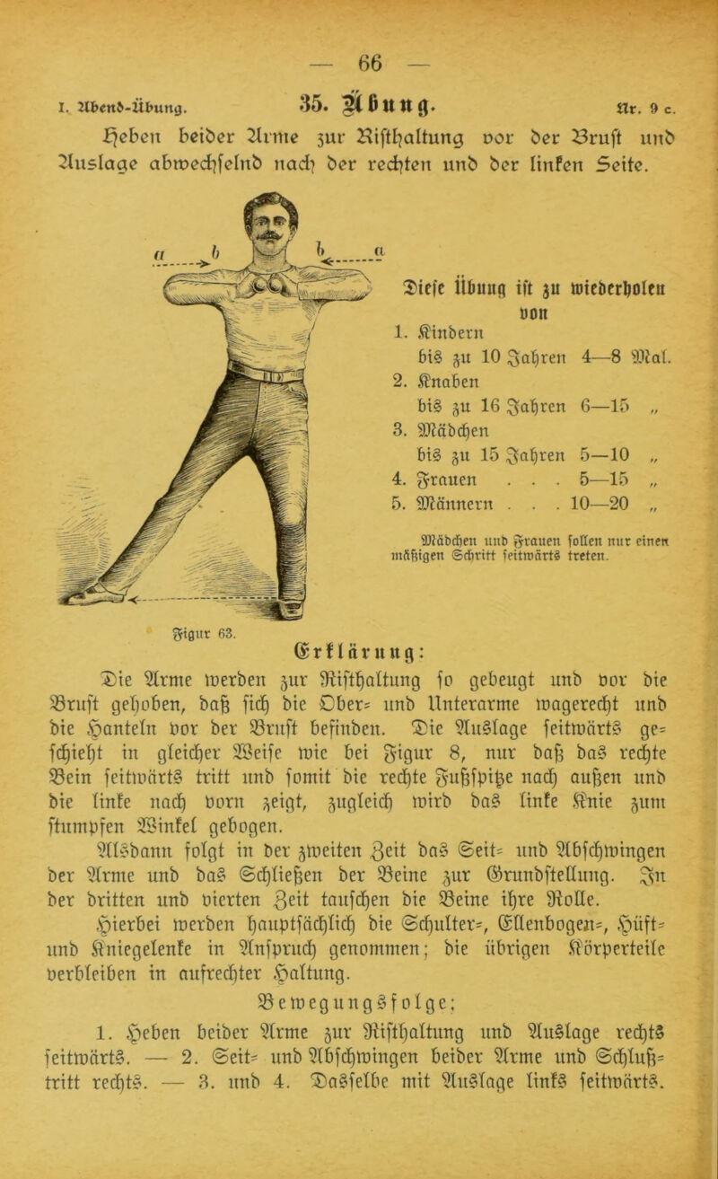 ^ebcn beider 2Inne 3ur Hiftfjaltung DOf ber ^ruft unb ^tuslage abmcd^fclnb nad^ ber redeten unb ber linfcn Seite. 2'ic|c Übmin ift 3U toicbcr^oltii t)on 1. .^inbeni bis ju 10 3o^ren 4—8 91ial. 2. Knaben bt§ 3U 16 6—15 „ 3. 9)iäbc^en bis ju 15 5—10 „ 4. f^rnuen . . . 5—15 „ 5. iJJiännern . . . 10—20 „ 3Köbcöen unb grauen follen nur eine« inftfitgen ©cfiritt feitroärtS treten. (Srf i är nug: 3)ie ^rme lüerben 5ur ^ift^altung fo gebeugt unb oor bie 58ruft gehoben, ba§ fidh bie öber^ unb Unterarme inageredh^ bie öanteln öor ber S3ruft befinben. ®ie 9lu§Iage feitmärtS ge= ft^ietit in gteidher SBeife toie bei 8, nur ba^ ba§ rechte 53ein feitmnrt? tritt unb fomit bie redete gu^fpi^e nad) aufjen nnb bie linfe noch born ^eigt, jugteich Jüirb ba§ linte .^nie 511111 ftnmpfen 23infet gebogen. ?n§bann folgt in ber 5toeiten 3eit bn§ <5eit= unb 5lbfd)^bingen ber 3Irme unb ba§ <Sd)üehen ber 33eine 5ur ©runbftellung. ^n ber britten unb oierten ß^it taufdhen bie 58eine ihre ütolle. ,'pierbei merben h<^wptfädhli(^ bie (Sdiulter-, @üenbogen=, ipüft= unb Sinicgelente in 'Slnfpruch genommen; bie übrigen .^Körperteile Oerbleiben in aufrechter .fialtung. ©eroegungSfolge: 1. ipeben beiber §Irme 5ur üUfthaltung unb idnSlage redhtS feittoörtS. — 2. @eit= unb 51bfdhtoingen beiber iJIrme unb @d)luh= tritt red)t§. — 3. nnb 4. ®a§felbe mit ^luSlage linfS feitloartS.