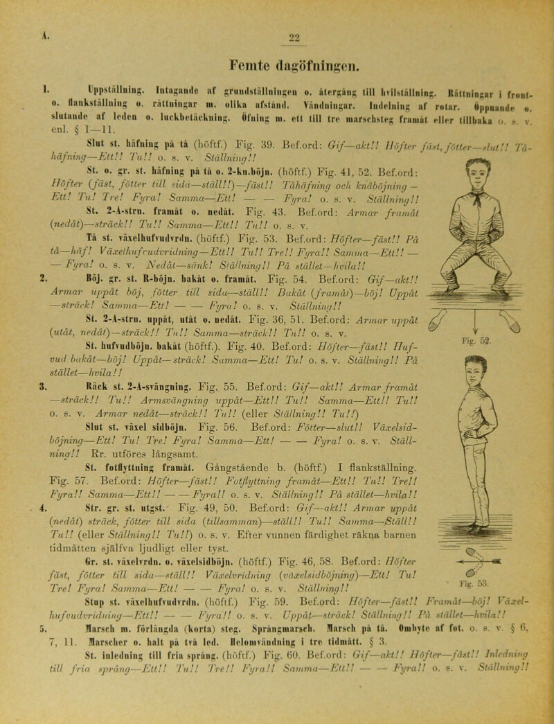 Femte (lagöfningen. i Intagauile gru udstiilluingen af rättningar m. olika afstaml. o. luckbetäckning. (ilning m. ett . återgång till hvilställning. Rättningar i frout- ä ii ilningar. Indelning af rotar. Öppnande o. till tre marschsteg framåt eller tillbaka o. *. v. df Fig. 52. Uppställning o. Ilankställning o slutande af leden enl. § 1—11. Slut st. häfning på tå (höftf.) Fig. 39. Bef.ord: Gif—akt!! Höfter fäet fotter—Hut!! Tö häfning—Ett!! Tui! o. s. v. Ställning!! St. o. gr. st. hufning pä tå o. 2-kn.böjn. (höftf.) Fig. 41, 52. Bef.ord: Höfter (jäst, fotter till sida—ställ!!)—fäst!! Tåhäfning och knäböjning - Ett! Tu! Tre! Fyra! Samma—Ett! — — Fyra! o. s. v. Ställning!! St. 2-A-strn. framåt o. nedåt. Fig. 43. Bef.ord: Armar framåt (nedåt)—sträck!! Tu!! Samma—Ett!! Tu!! o. s. v. Tå st. våxelhufvuibrdn. (höftf.) Fig. 53. Bef.ord: Höfter—fäst!! På tå—häf! Växelhuf eudvridning—Ett!! Tu!! Tre!! Fyra!! Samma—Ett!! — — Fyra! o. s. v. Nedåt—sänk! Ställning!! På stället—livila!! 2. Böj. gr. st. R-böju. bakåt o. framåt. Fig. 54. Bef.ord: Gif—akt!! Armar uppåt böj, fotter till sidu—ställ!! Bakåt (framåt)—böj! Uppåt — sträck! Samma—Ett! — — Fyra! o. s. v. Ställning!! St. 2-A-strn. uppåt, utåt o. nedåt. Fig. 36, 51. Bef.ord: Armar uppåt (utåt, nedåt) — sträck!! Tu!! Samma—sträck!! Tu!! o. s. v. St. hufvudböju. bakåt (höftf.). Fig. 40. Bef.ord: Höfter—fäst!! Huf- vud bakåt—böj! Uppåt—sträck! Summa—Ett! Tu! o. s. v. Ställning!! På stället—hvila! ! 3. Räck st. 2-A-svängniug. Fig. 55. Bef.ord: Gif—akt!! Armar framåt —sträck!! Tu!! Armsvängning uppåt—Ett!! Tu!! Samma—Ett!! Tu!! o. s. v. Armar nedåt—sträck!! Tu!! (eller Ställning!! Tu!!) Slut st. växel sidböjn. Fig. 56. Bef.ord: Fotter—slut!! Växelsid- böjning—Ett! Tu! Tre! Fyra! Samma—Ett! — — Fyra! o. s. v. Ställ- nina!! Br. utföres långsamt. St. fotflyttuing framåt. Gångstående b. (höftf.) I flankställning. Fig. 57. Bef.ord: Höfter—fäst!! Fotflyttning framåt—Ett!! Tu!! Tre!! Fyra!! Samma—Ett!! Fyra!! o. s. v. Ställning!! På stället—hvila!! 4. Str. gr. st. utgst. Fig. 49, 50. Bef.ord: Gif—akt!! Armar uppåt (nedåt) sträck, fotter till sida (tillsamman)—ställ!! Tu!! Samma—Ställ!! Tu!! (eller Ställning!! Tu!!) o. s. v. Efter vunnen färdighet räkna barnen tidmåtten själfva ljudligt eller tyst. Or. st. växelvrdn. o. växelsidböjn. (höftf.) Fig. 46, 58. Bef.ord: Höfter fäst, fotter till sida—ställ!! Växelvridning (växelsidböjning)—Ett! Tu! Tre! Fyra! Samma—Ett! — — Fyra! o. s. v. Ställning!! Stup st. växelhufvudvrdn. (höftf.) Fig. 59. Bef.ord: Höfter—fäst!! Framåt—böj! \~äxel- hufeudvridning—Ett!! Fyra!! o. s. v. Uppåt—sträck! Ställning!! På stället—hvila!! 5. Marsch m. förlängda (korta) steg. Språngmarsch. Marsch på tå. Ombyte af fot. o. s. v. § 6, 7, 11. Marscher o. halt på två led. Ilelomrändniug i tre tidmått. § 3. St. inledning till fria språng, (höftf.) Fig. 60. Bef.ord: Gif—akt!! Höfter—fäst!! Inledning Fig. 53. till fria språng—Ett!! Tu!! Tre!! Fyra!! Samma—Ett!! Fyra tt O. S. V. Ställning ! !