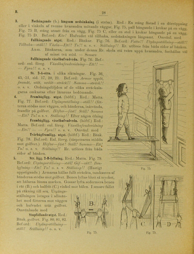 . Mothaugaudr (b.) långsam nedsänkuing (i ström). Red.: En stång fästad i en dörröppning eller i vinkeln af tvenne hvarandra mötande väggar, Fig. 75, pall hängande i krokar på en vS™ l- .g. 75 B, stång utsatt från en vägg, Fig. 75 C, eller en stol i krokar hängande på en vägg.’ k ig. < 5 D. Bet.ord: Rör! Tlufvudet väl tillbaka, nedsänkningen långsamt. Omvåxl med Fallhäiigaiide utgst. Red.: Bänkar. Fig. 76. Bef.ord: Fatta!! UtgångsstäUning-stäU!! /illbaka^ stall! !^ 1 axla—Ett!! Tu!! o. s. v. Ställning!! Rr. utföres från båda sidor af bänken. Bänkarna, som under denna Rr. skola stå tvärs uppå hvarandra, fasthållas väl af minst två stöd. — Senare Fallhiingaude väselkufvuilvriln. Fig. 76. Bef.- ord: enl. tu reg. Våxelhufvudvndning—Ett!! — — Fyra!! o. s. v. St. 2-A-stru. i olika riktningar. Fio\ 36 ö c* j 43, '51, sid. 17, 20, 21. Bef.ord: Armar uppåt, framåt, utåt, nedåt—sträck!! Samma—sträck!! o. s. v. Ordningsföljden af de olika sträcknin- garna omkastas efter lärarens bedömande, k. Frambågligg. utgst. (höftf.) Red.: Matta, Fig. 77. Bef.ord: Utgängsställning—ställ!! (fot- terna stödas mot väggen, och händerna, inåtvända, framför på golfvet. Höfter—fäst! Ställ! Samma —Ett! Tu! o. s. v. Ställning!! Efter någon öfning Frambågligg. viixelbufvudvrdu. (höftf.) Red.: Matta. Bef.ord: enl. föreg. Växelhufcudvridning —Ett!! — — Fyra!! o. s. v. Omväxl. med Tvärbågfrauiligg. utgst. (höftf.) Red.: Bänk. Fig. 78. Bef.ord: Enl. föreg. (tåspetsarna stödda mot golfvet.) Höfter—fäst! Ställ! Samma—Ett! Tu! o. s. v. Ställning!! Rr. utföres från båda sidor af bänken. 5. Str. ligg. 2-B-ljftuing. Red.: Matta. Fig. 79. Bef.ord: Utgångsstålluing—ställ! Gif—akt!! Ben- lyftning— Ett! Tu! o. s. v. Ställning!! (Hastigt uppstigande.) Armarna hållas fullt sträckta, tumkanten af händerna stödas mot golfvet. Benen lyftas blott så mycket, att hälarna lämna marken. Gossar lyfta sedermera benen i rät (B.) och hal frät (C.) vinkel mot bålen. I senare fallet på räkning till sex. Utgångs- ställningen intages i allmän- het med fotterna mot väggen och hufvudet utåt Omväxlande med Stupfallandeutgst. Red.: Bänk, golfvet. Fig. 80, 81,82. Bef.ord: Utgängsställning—- ställ! Ställning golfvet. t r