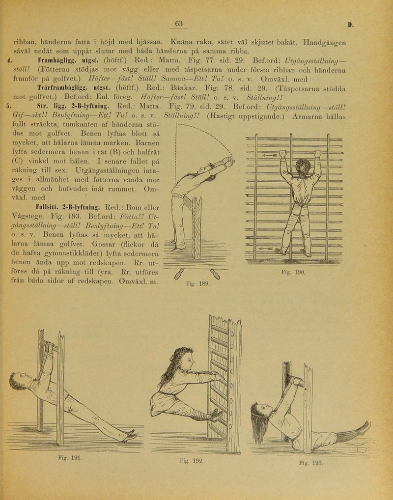 ribban, händerna fatta i höjd med hjässan. Ivnäna raka, sätet väl skjutet bakåt. Handffången såväl nedåt som uppåt slutar med båda händerna på samma ribba. 4. Frambågligg. utgst. (höftf.) Red.: Matta. Fig. 77. sid. 29. Bef.ord: Utgångsställning— ställ! (Fotterna stödjas mot vägg eller med tåspetsarna under första ribban och händerna framför på golfvet.) Höfter—fäst! Ställ! Samma—Ett! Tu! o. s. v. Omväxl. med TvärfraiuMgligg. utgst. (höftf.) Red.: Bänkar. Fig. 78. sid. 29. (Tåspetsarna stödda mot golfvet.) Bef.ord: Enl. föreg. Höfter—fäst! Ställ! o. s. v. Ställning!! 5. Str. ligg. 2-lWyftning. Red.: Matta. Fig. 79. sid. 29. Bef.ord: Utgångsställning—ställ! Gif—akt!! Benlyftning—Ett! Tu! o. s. v. fullt sträckta, tumkanten af händerna stö- das mot golfvet. Benen lyftas blott så mycket, att hälarna lämna marken. Barnen lyfta sedermera benen i rät (B) och halfrät (C) vinkel mot bålen. I senare fallet på räkning till sex. Utgångsställningen inta- ges i allmänhet med fotterna vända mot väggen och hufvudet inåt rummet. Om- växl. med l*'allsitt. 2-lMjftning. Red.: Bom eller Vågstege. Fig. 193. Bef.ord: Fatta!! Ut- gångsställning—ställ! Benlyftning—Ett! Tu! o. s. v. Benen lyftas så mycket, att hä- larna lämna golfvet. Gossar (flickor då de hafva gymnastikkläder) lyfta sedermera benen ända upp mot redskapen. Rr. ut- föres då på räkning till fyra. Rr. utföres från båda sidor af redskapen. Omväxl. m. Ställn ,n (Hastigt uppstigande.) Armarna hållas Iög. 190. Fig. 189.