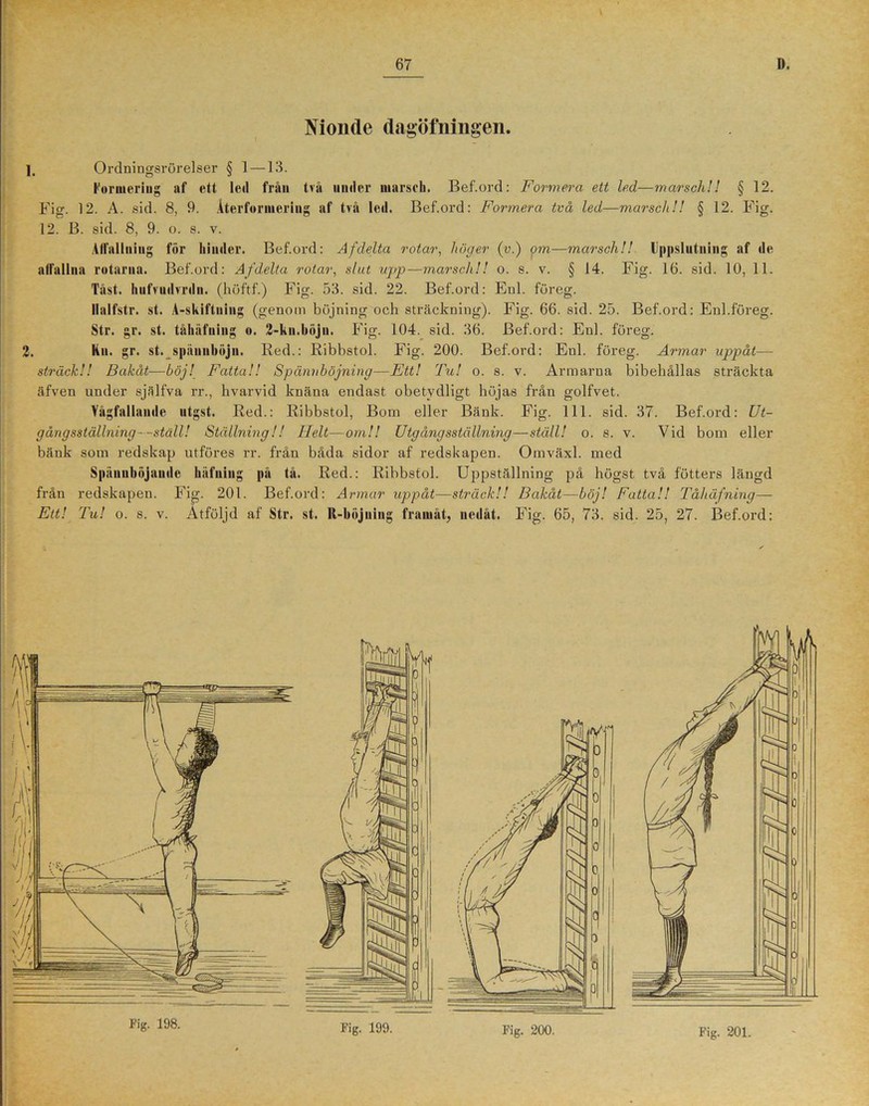 Nionde dagöfningen. - ], Ordningsrörelser § 1—13. Formeriug af ett led från två under marsch. Bef.ord: Formera ett led—marsch!! § 12. Fig. 12. A. sid. 8, 9. Återformering af två led. Bef.ord: Formera tvä led—marsch!! § 12. Fig. 12. B. sid. 8, 9. o. s. v. Alfallniug för hinder. Bef.ord: Af delta rotar, höger (v.) om—marsch!! Uppslutning af de alfallua rotarna. Bef.ord: Af delta rotar, slut upp—marsch!! o. s. v. § 14. Fig. 16. sid. 10, 11. Tåst. hufvudvrdn. (höftf.) Fig. 53. sid. 22. Bef.ord: Enl. föreg. llalfstr. st. A-skiftning (genom böjning och sträckning). Fig. 66. sid. 25. Bef.ord: Enl.föreg. Str. gr. st. tåhåfuiug o. 2-kn.böjn. Fig. 104. sid. 36. Bef.ord: Enl. föreg. 2. Kn. gr. st. spännhujn. Red.: Ribbstol. Fig. 200. Bef.ord: Enl. föreg. Armar uppåt— sträck!! Bakåt—böj! Fatta!! Spännböjning—Ett! Tu! o. s. v. Armarna bibehållas sträckta äfven under själfva rr., hvarvid knäna endast obetydligt höjas från golfvet. Vågfallande utgst. Red.: Ribbstol, Bom eller Bänk. Fig. 111. sid. 37. Bef.ord: Ut- gång sställning—ställ! Ställning!! Helt—om!! Utgång sställning—ställ! o. s. v. Vid bom eller bänk som redskap utföres rr. från båda sidor af redskapen. Omväxl. med Spånuböjande hiifuing på tå. Red.: Ribbstol. Uppställning på högst två fotters längd från redskapen. Fig. 201. Bef.ord: Armar uppåt—sträck!! Bakåt—böj! Fatta!! Tåhäfning— st. R-böjning framåt, nedåt. Fig. 65, 73. sid. 25, 27. Bef.ord: Ett! Tu! o. s. v. Åtföljd af Str. Fig. 198.