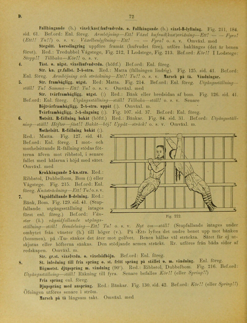 t; t Fallhängnudc (b.) sid. 61. Bef.ord: En (Ett!! Tu!!) o. s vä\ol(kast)hufvudvrdn. o. Fallhäiigaudr (b.) våicl-B-lyftniug. 1- l u- Stogsitt. v. korsslingring 211, 184. föreg. Armböjning—Ett! Växel hufvud(kast)vridning—Ett! Fyra! Våxelbenlyftning—Ett! — — Fyra! o. s. v. Omväxl. med uppföre framåt (hufvudet före), utföre baklänges (det år benen förut). Red.: Tredubbel Vågstege, Fig. 212, I Lodstege, Fig. 213. Bef.ord: Kör!! I Lodstege: Stopp!! Tillbaka—Kör!! o. s. v. 4. Tåst. o. nigst. växelhufvudvnln. (höftf.) Bef.ord: Enl. föreg. Str. ku. gr.fallst. 2-A-strn. Red.: Matta (fällningen lindrig). Fig. 125. sid. 41. Bef.ord: Enl. föreg. Armböjning och sträckning—Ett!! Tu!! o. s. v. Marsch på tå. Bef.ord: Enl. föreg. Vändningar. Ut gång sställning— Fig. 126. sid. 41. . Str. frainltågligg. utgst. Red: Matta. Fig. 214. ställ! Tu! Samma—Ett! Tu! o. s. v. Ornväxl. med Str. trärfranibågligg. utgst. (:) Red.: Bänk eller bredsidan af bom. Bef.ord: Enl. föreg. Utgångs ställning—ställ! Tillbaka—ställ! o. s. v. Senare Böjtvärframbftgligg. 2-A-stru. uppåt (:). Omväxl. m. Trärfranibågligg. 2-A-slagniug (:). Fig. 107. sid. 37. Bef.ord: Enl. föreg. 6. Motsitt. R-fälluing bakåt (höftf.) Red.: Bänkar. Fig. 84. sid. 31. Bef.ord: Utgångsställ- ning—ställ! Höfter—fäst!! Bakåt—böj! Uppåt—sträck! o. s. v. Omväxl. m. Mothclsitt. R-fälluiug bakåt (:). R-fälluiug Fig. Red.: Matta. Fig. 127. sid. 41. Bef.ord: Enl. föreg. I mot- och mothelsittande R-fallning stödas fot- terna äfven mot ribbstol, i senare fallet med hälarna i höjd med sätet. Omväxl. med Krokhängande 2-kn.strn. Red.: Ribbstol, Dubbelbom, Bom (:) eller Våcrstecre. Fig. 215. Bef.ord: Enl. föreg. Knästräckning—Ett! Tu ! o. s. v. . Vågsidfallaude B-delniug. Red.: Bänk, Bom. Fig. 129. sid. 41. (Stup- fallande utgångsställning intages först enl. föreg.) Bef.ord: Vän- ster (h.) vågsidfallaude utgångs- ställning—ställ! Bendelning—Ett! Tu! ombytet från vänster (h.) till höger (bommen), på »Tu» sänkes det åter skjutas eller höfterna sänkas, redskapen. Omväxl. m. Str. gr.st. växclvrdn. o. växelsidböjn. Bef.ord: Enl. St. inledning till fria språng o. st. fritt språng på stället «. ni. vändning. llögmotst. djupsprång ni. vändning (90°). Red.: Ribbstol, Dubbelbom. Utgångsställning—ställ! Räkning till fyra. Senare befalles Kör.. (ellei Fria språng enl. föreg. Bjupsprång ined ansprång. Red.: Bänkar, h ig. 130. sid. 42. Bef.ord: Kör., (ellei utföres senare i ström. Marsch på tå långsam takt. Omväxl. med o. s. v. Byt om—ställ! (Stupfallande intages under (v.). På »Ett» lyftes det undre benet upp mot bänken mot oolfvet. Benen hållas väl sträckta. Sätet får ej ut- O Den stödjande armen sträckt. Rr. utföres från båda sidor af föreg. Enl. föreg. Fig. 216. Bef.ord: Spring!!) Spring!!) Öfningen