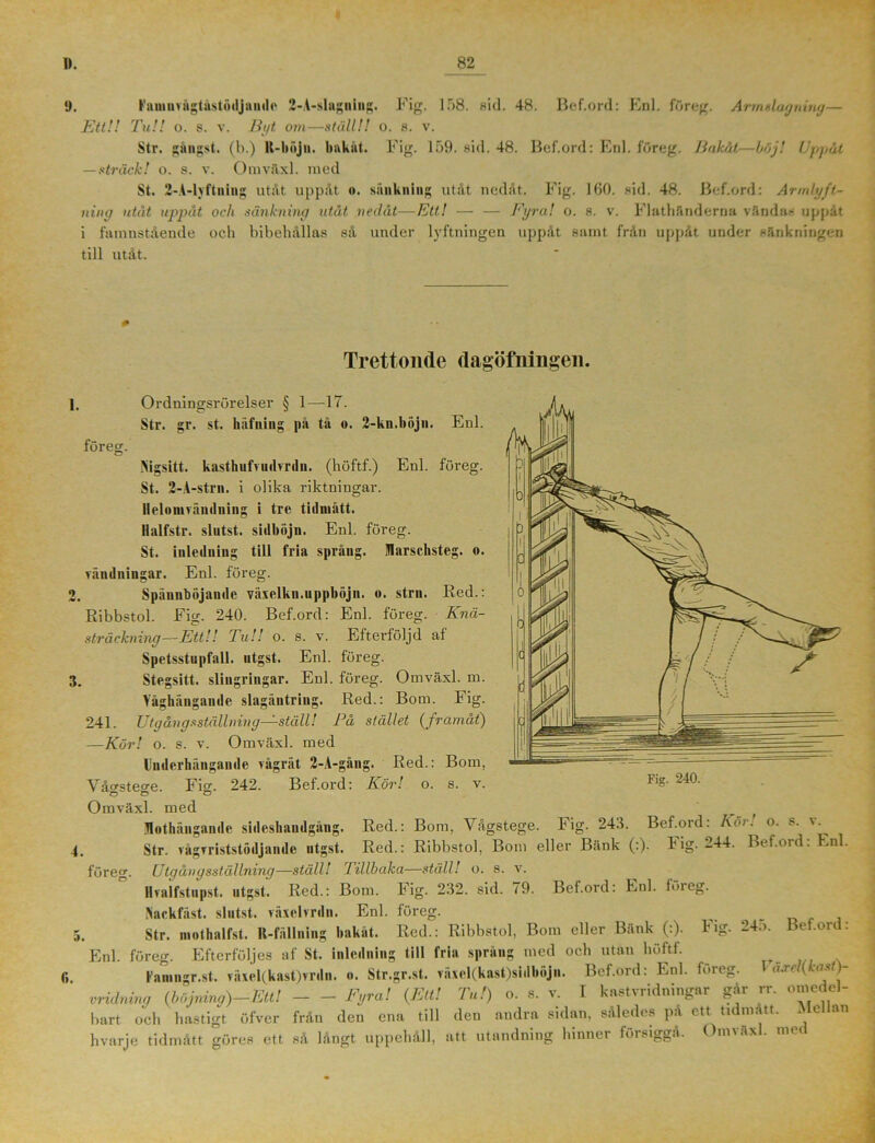 9. faniuvägtästödjande 2-A-slagning. Fig. 158. sid. 48. Bef.ord: Enl. föreg. Armslagnitig— Ett!! Tu!! o. s. v. Byt om—ställ!! o. s. v. Str. gångst. (b.) R-l>öjii. bakåt. Fig. 159. sid. 48. Bef.ord: Enl. föreg. Bakat—böj! Uppåt — sträck! o. s. v. Omväxl. med St. 2-A-lyftuing utåt uppåt o. sänkning utåt nedåt. Fig. 160. sid. 48. Bef.ord: Armlyft- ning utåt uppåt och sänkning utåt nedåt—Ett! — — Fyra! o. s. v. Flathänderna vändas uppåt i famustående och bibehållas så under lyftningen uppåt samt från uppåt under sänkningen till utåt. Trettonde dagöfiiingen. 1. Ordningsrörelser § 1—17. Str. gr. st. häfning på tå o. 2-kn.böjn. Enl. föreg. Nigsitt. föreg. fllarschsteg. o. kasthufvudvrdn. (höftf.) Enl St. 2-A-strn. i olika riktningar. Helomvändning i tre tidmått. Ilalfstr. slutst. sidböjn. Enl. före. St. inledning till fria språng, vändningar. Enl. föreg. 2. Spännböjande växelku.uppböjn. o. strn. Red.: Ribbstol. Eig. 240. Bef.ord: Enl. föreg. Knä- sträckning—Ett!! Tu!! o. s. v. Efterföljd af Spetsstupfall. utgst. Enl. föreg. S. Stegsitt. slingringar. Enl. föreg. Omväxl. m. Våghängande slagäntring. Red.: Bom. i ig. 241. Utgångs ställning—ställ! På stället {framåt) —Kör! o. s. v. Omväxl. med Bom, s. v. IJnderhängande vågrät 2-A-gång. Red. V ågstege. Fig. 242. Bef.ord: Kör! o. 4. Omväxl. med tlothängande sidesliandgång. Str. vågvriststödjandc utgst. föreg. Utgång sställning—ställ! Tillhaka—ställ! Red.: Bom, Vågstege. Red.: Ribbstol, Bom eller Bänk (:). Fig. Fig. 240. 243. Bef.ord: Kör! o. s. v. Fig. 244. Bef.ord: Enl. O. 8. V. 79. Bef.ord: Enl. föreg. (i. Ilvalfstupst. utgst. Red.: Bom. Fig. 232. sid Jiackfäst. slntst. växelvrdn. Enl. föreg. Str. inothalfst. R-fällning bakåt. Red.: Ribbstol, Bom eller Bänk (:). Enl. föreg. Efterföljes af St. inledning till fria spräng med och utan höftf. Famngr.st. växel(kast)vrdn. «. Str.gr.st. våxel(kast)sidböjn. Bef.ord: Enl. föicg. Fi. 245. Bef.ord: Vä.rel(kast)- vridning {böjning)—Ett! — — Fyra! {Ett! Tu!) o. s. v. I kastvridningar går rr. omedel- Vi CUIIVIIU yyKtJIVHivy j J • v, / . , c Aflirt bart och hastigt öfver från den ena till den andra sidan, således på ett tidmatt. Mellan hvarje tidmått göres ett så långt uppehåll, att utandning hinner försiggå. Omväxl. med