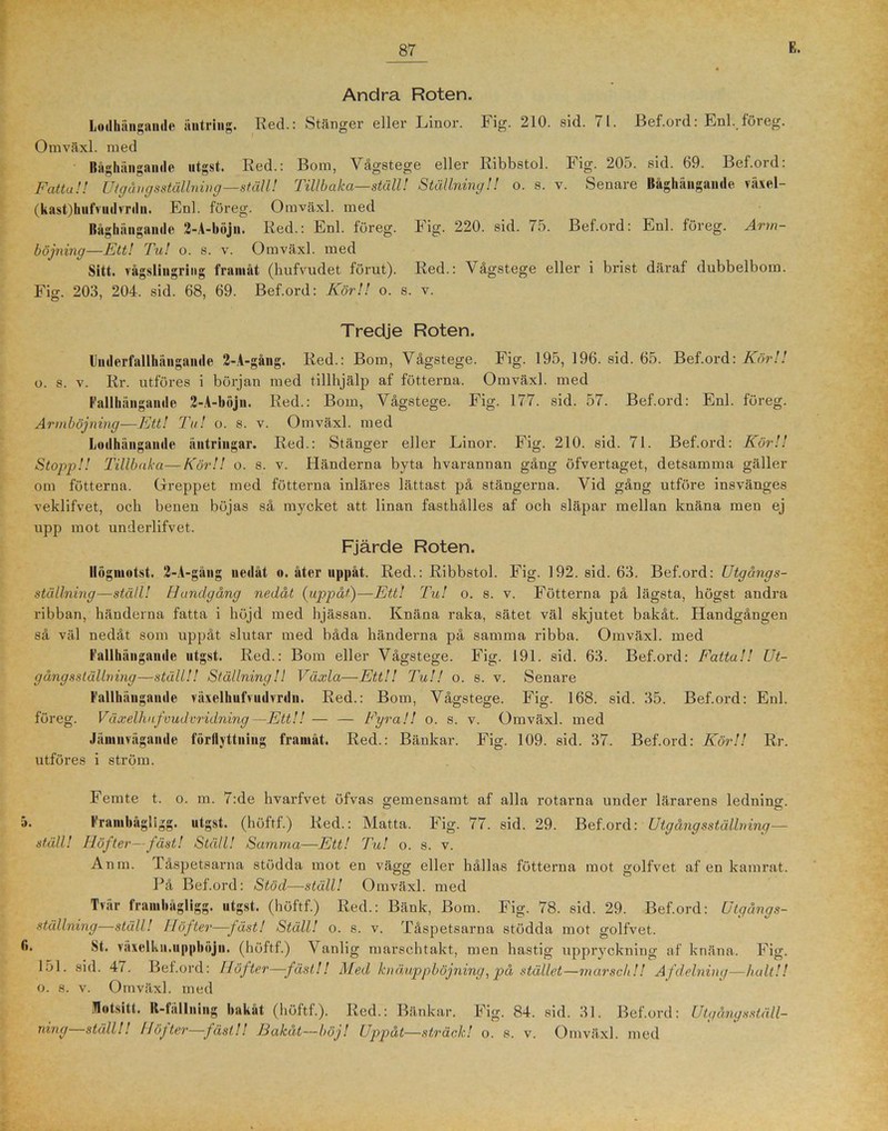Andra Roten. Loilhängande äntring. Red.: Stänger eller Linor. Fig. 210. sid. 71. Bef.ord: Enl. föreg. Omväxl. med Båghängamle utgst. Red.: Bom, Vågstege eller Ribbstol. Fig. 205. sid. 69. Bef.ord: Fattu!! Utgåugsstållning—ställ! Tillbaka—ställ! Ställning!! o. s. v. Senare Båghängaude växel- (kast)hufvudvrdu. Enl. föreg. Omväxl. med Båghängaude 2-A-böjn. Red.: Enl. föreg. Fig. 220. sid. 75. Bef.ord: Enl. föreg. Arm- böjning—Ett! Tu! o. s. v. Omväxl. med Sitt. vågsliugring framåt (hufvudet förut). Red.: Vågstege eller i brist däraf dubbelbom. Fi°\ 203, 204. sid. 68, 69. Bef.ord: Kör!! o. s. v. O 7 7 Tredje Roten. Underfallhäugaude 2-A-gång. Red.: Bom, Vågstege. Fig. 195, 196. sid. 65. Bef.ord: Kör!! o. s. v. Rr. utföres i början med tillhjälp af fotterna. Omväxl. med Eallhängande 2-A-böju. Red.: Bom, Vågstege. Fig. 177. sid. 57. Bef.ord: Enl. föreg. Armböjning—Ett! Tu! o. s. v. Omväxl. med Loilhängande äntriugar. Red.: Stänger eller Linor. Fig. 210. sid. 71. Bef.ord: Kör!! Stopp!! Tillbaka—Kör!! o. s. v. Händeima byta hvarannan gång öfvertaget, detsamma gäller om fotterna. Greppet med fotterna inläres lättast på stängerna. Vid gång utföre insvänges veklifvet, och benen böjas så mycket att linan fasthålles af och släpar mellan knäna men ej upp mot underlifvet. Fjärde Roten. Ilögmotst. 2-A-gäng nedåt o. åter uppåt. Red.: Ribbstol. Fig. 192. sid. 63. Bef.ord: Utgångs- ställning—ställ! Handgång nedåt (uppåt)—Ett! Tu! o. s. v. Fotterna på lägsta, högst andra ribban, händerna fatta i böjd med hjässan. Knäna raka, sätet väl skjutet bakåt. Handgången så väl nedåt som uppåt slutar med båda händerna på samma ribba. Omväxl. med Fallhängande utgst. Red.: Bom eller Vågstege. Fig. 191. sid. 63. Bef.ord: Fatta!! Ut- gång sställning—ställ!! Ställning!! Växla—-Ett!! Tu!! o. s. v. Senare Fallhängande växelhufvudvrdn. Red.: Bom, Vågstege. Fig. 168. sid. 35. Bef.ord: Enl. föreg. Växelhufvudvridning—Ett!! — — Fyra!! o. s. v. Omväxl. med Jännivägande förflyttning framåt. Red.: Bänkar. Fig. 109. sid. 37. Bef.ord: Kör!! Rr. utföres i ström. Femte t. o. m. 7:de hvarfvet öfvas gemensamt af alla rotarna under lärarens ledning. Frambagligg. utgst. (höftf.) Red.: Matta. Fig. 77. sid. 29. Bef.ord: Utgång sställning— ställ! Höfter—fäst! Ställ! Samma—Ett! Tu! o. s. v. Anm. Tåspetsarna stödda mot en vägg eller hållas fotterna mot golfvet af en kamrat. På Bef.ord: Stöd—ställ! Omväxl. med Tvär frambågligg. utgst. (höftf.) Red.: Bänk, Bom. Fig. 78. sid. 29. Bef.ord: Utgångs- ställning—ställ! Höfter—fäst! Ställ! o. s. v. Tåspetsarna stödda mot golfvet. ®* St. växelkn.upphöjn. (höftf.) Vanlig marschtakt, men hastig uppryckning af knäna. Fig. 15L sid. 47. Bef.ord: Höfter—fäst!! Med knä,upphöjning, på stället—marsch!! Af delning—hult!! o. 8. v. Omväxl. med TIotsitt. It-tållning bakåt (höftf.). Red.: Bänkar. Fig. 84. sid. 31. Bef.ord: Utgångsställ- ning—ställ!! Höj ter—fäst!! Bakåt—böj! Uppåt—sträck! o. s. v. Omväxl. med