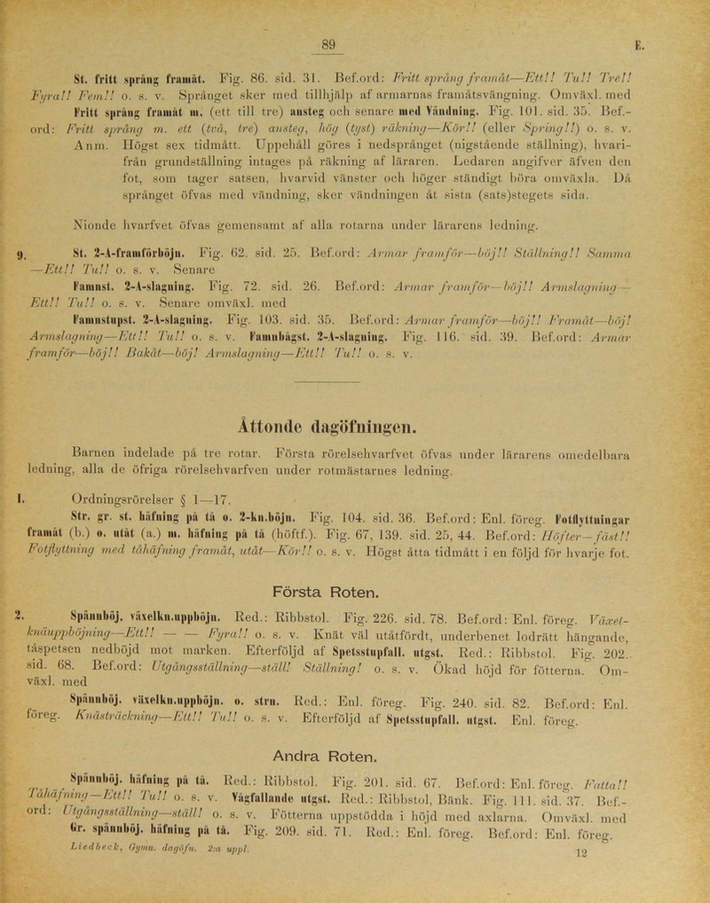 St. fritt sprjing framåt. Fig. 86. sid. Hl. Bef.ord: Fritt språng framåt—Ett!! Tu!! Tre!! Fyra!! Fem!! o. s. v. Språnget sker med tillhjälp af armarnas framåtsvängning. Omväxl. med Fritt spräng framåt m. (ett till tre) ansteg och senare med Vändning. Fig. 101. sid. 35. Bef.- ord: Fritt språng m. ett (två, tre) ansteg, liög (tyst) räkning—Kör!! (eller Spring!!) o. s. v. Anm. Högst sex tidmått. Uppehåll göres i nedspråuget (nigstående ställning), hvari- från grundställning intages på räkning af läraren. Ledaren angifver äfven den fot, som tager satsen, hvarvid vänster och höger ständigt böra omväxla. Då språnget öfvas med vändning, sker vändningen åt sista (sats)stegets sida. Nionde hvarfvet öfvas gemensamt af alla rotarna under lärarens ledning. y, St. 2-A-framförböjn. Fig. 62. sid. 25. Bef.ord: Armar framför—böj!! Ställning!! Samma —Ett!! Tu!! o. s. v. Senare Faiunst. 2-A-slagning. Fig. 72. sid. 26. Bef.ord: Armar framför—höj!! Armslagning ■— Ett!! Tu!! o. s. v. Senare omväxl. med Famustupst. 2-A-slagning. Fig. 103. sid. 35. Bef.ord: Armar framför—böj!! Framåt—höj! Armslagning—Ett!! Tu!! o. s. v. Famnbägst. 2-A-slagning. Fig. 116. sid. 39. Bef.ord: Armar framför—böj!! Bakåt—böj! Armslagning—Ett!! Tu!! o. s. v. Åttonde dagöfningen. Barnen indelade på tre rotar. Första rörelsehvarfvet öfvas under lärarens omedelbara ledning, alla de öfriga rörelsehvarfven under rotmästarnes ledning. I. Ordningsrörelser § 1—17. Str. gr. st. häfning på tå o. 2-ku.böjn. Fig. 104. sid. 36. Bef.ord: Enl. föreg. Fotilyttuingar framåt (b.) «. utåt (a.) m. häfning på tå (höftf.). Fig. 67, 139. sid. 25, 44. Bef.ord: Höfter-fäst!! Fotflyttning med tåhäfning framåt, utåt—Kör!! o. s. v. Högst åtta tidmått i en följd för hvarje fot. Första Roten. Späunböj. växelkn.uppböju. Red.: Ribbstol. Fig. 226. sid. 78. Bef.ord: Enl. föreg. Växel- knäuppböjning Ett!! — Fyra!! o. s. v. Knät väl utåtfördt, underbenet lodrätt hängande, tåspetsen nedböjd mot marken. Efterföljd af Spetsstupfall. utgst. Red.: Ribbstol. Fig^ 202. sid. 68. Bef.ord: Utgång sställning—ställ! Ställning! o. s. v. Ökad höjd för fotterna. Om- växl. med Späunböj. växelkn.uppböju. o. strn. Red.: Enl. föreg. Fig. 240. sid. 82. Bef.ord: Enl. Knästräckning Ett!! Tu!! o. s. v. Efterföljd af Spetsstupfall. utgst. Enl. föreg. föreg. o Andra Roten. Späunböj. häfning på tå. Red.: Ribbstol. Fig. 201. sid. 67. Bef.ord: Enl. föreg. Fatta!! TuhäJning—Ett!! Tu!! o. s. v. Vågfallande utgst. Red.: Ribbstol, Bänk. Fig. 111. sid. 37. Bef.- ord: Utgungsstailning—ställ! o. s. v. Fotterna uppstödda i höjd med axlarna. Omväxl. med kr. späunböj. häfning pä tå. Fig. 209. sid. 71. Red.: Eni. föreg. Bef.ord: Enl. föreg. Lieilbeck, Gymn. dagiifn. 2:a uppl.