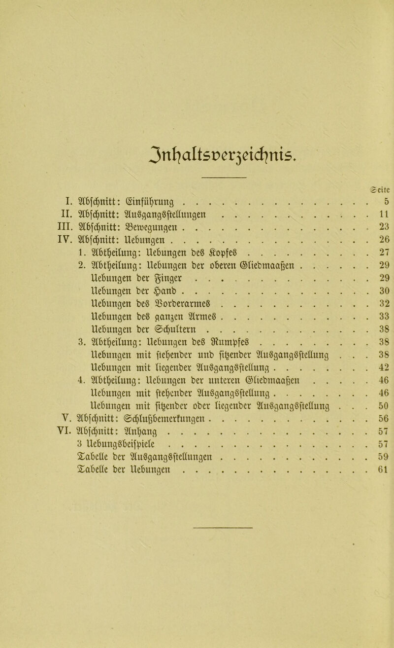 3nl^altsr>er3ei<i?ni5. Seite I. (Sinfü'^rung 5 II. SlBfd^nitt: ^luSgangSfteüungcn 11 III. Slbfc^nitt: S3eh)egungeu = 23 IV. 2t6[(^nitt: UeBungett 26 1. Slbt^citung: UeBungen be§ Äopfe§ 27 2. 316t'§eilung: Hebungen ber oberen ®liebmaa§en 29 Hebungen ber ginger 29 Hebungen ber §anb 30 Hebungen beb Sorberarnteb 32 Hebungen beb gan3en Slrmeb 33 Hebungen ber @d)nttern 38 3. Slbt'^eilung: Hebungen beb Ülumbfeb 38 Hebungen mit fte'^enber unb fi^enber lubgangbfteüung ... 38 Hebungen mit Hegenber Stubgangbfteltnng 42 4. 21bt'^eitnng: Hebungen ber unteren ©liebmaa^en 46 Hebungen mit fte'^enber 2lnbgangbfteÜung 46 Hebungen mit fi^enber ober liegenber Slubgangbftellung ... 50 V. Slbfdjnitt: ©d^lufibemertungen 56 VI. ^bfd;nitt: 2tnl)ang 57 3 Hebungbbeifbiele 57 jlabeUe ber ^ubgangbftednngen 59 jlabette ber Hebungen 61