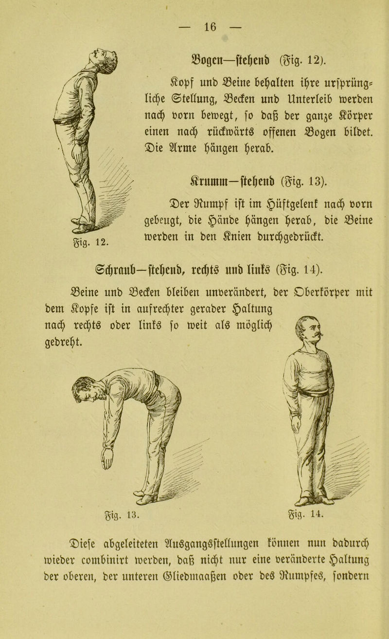 I — 16 — 12. S5ogen—fte^cnb ®ig. 12). £o)3f unb ^eine be^olten i^re uriprüng^ lt(^e ©tetfung, ^eden unb Unterleib ttjerben no($ t»orn betnegt, fo baß ber gan3e Körper einen nad^ rücftüärtö offenen ^ogen hübet. ®ie 3Irme :^ängen i^erab. tomm—ftcbenb (gig. 13). !Der D^mnbf ift im §)üftgelenf na^ oorn gebeugt, bie ^änbe Rängen ^erab, bie ^eine toerben in ben ^nien bur^gebrücft. 0cbraub—ftelb^nb, rct^tö unb liufö (Sig. 14). ^eine unb ißeüen bleiben unoeränbert, ber Dberförper mit bem ^opfe ift in aufrechter geraber §altung nadh rechte ober linlö fo toeit alö möglich gebre^t. 5ig. 13. l^l- 'I)iefe abgeleiteten ^uögangSftelliingen lönnen nun baburch loieber combinirt toerben, ba§ nicht nur eine oeränberte §altung ber oberen, ber unteren ©liebmaagen ober beö fHumbfeö, fonbern
