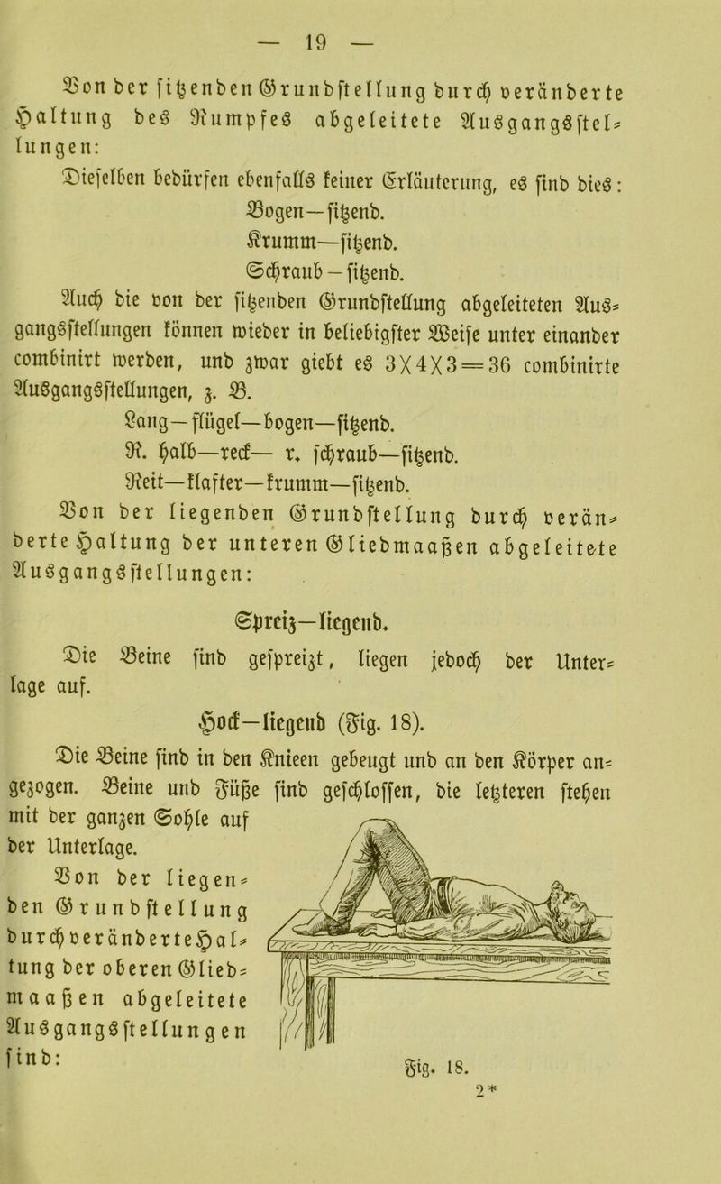 33on ber fi^enben^runbftellung burd^ üeränberte §altung beö 9iumpfeö abgeleitete $luögangöftel^ I u n g e n: ®ie|elben bebüvfen ebenfalls feiner (Srläutcriing, eö finb bie^: ®ogen—fi^enb. ^rumm—fi^enb. ©d^raiib — fi^enb. 2Iu($ bie ron ber fit|enben ©runbfteCtung abgeleiteten 2lu^= gangöftellnngen fönnen tnieber in beliebigfter 2Bei[e unter einanber combinirt werben, unb amar giebt eö 3X4X3 = 36 combinirte Sluögangöftellungen, Öang—pügel—bogen—fi^enb. 9?. l^alb—recf— r* fd^raub—fi^enb. $Reit—flafter—frumnt—fi^enb. 35on ber liegenben ®runbftellung burd^ oerän^ berte^altung ber unteren ©Hebmaagen abgeleitete 2(n6gangöftellungen: ^^ircij—licgenb, ^Die iöeine finb gefprei^t, liegen jebod^ ber Untere läge auf. $0(f—licgciib (gig. 18). ®ie ^eine finb in ben ^nteen gebeugt unb an ben Körper an^ geaogen. ^eine unb güße finb gef($loffen, bie le^teren fte^eii mit ber ganaen @o^le auf ber Unterlage. 33on ber liegen== ben ®runbftellung burd^oeränberte^al»» tung ber oberen ®lieb== maagen abgeleitete Sluögangöftellnngen finb: 2=*:
