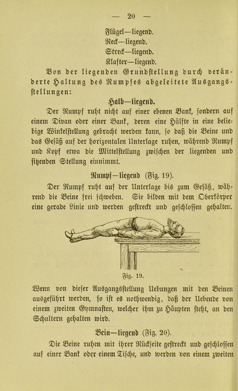 Slügel—liegenb. 9?e(f—Itegenb. ©tred—liegenb. Klafter—liegenb. 35on ber Itegenben ©ruHbflellung bur^ üerän== bette Haltung beö $Rum|)feö abgeleitete 2luögang§- ftellungen: §alb—liegenb* ®et Ofiumbf tul;t nic^t auf einer ebenen ^anl, fonbern auf einem üDitan ober einer S3anf, beten eine ^)Älfte in eine belie= bige Sinlelftellung gebracht toerben fann, fo baß bie ^eine unb baö ®efäß auf ber horizontalen Unterlage rul;en, toährenb $Humbf unb ^opf ettoa bie SJMttelftellung gtoifi^en ber liegenben unb fi^enben ©tellung einnimmt. 9?umljf—liegenb (gig. 19). !Der stumpf rul;t auf ber Unterlage bi§ zum ®efä^, toäh= renb bie ^eine frei fdarneben, ©ie bilben mit bem Dberförper eine gerabe Sinie unb toerben geftred't unb gefc^loffen gehalten. 5-ig. 19. SBenn oon biefer Sluögangöftellung Uebungen mit ben iöeinen auögeführt toerben, fo ift eö nothtoenbig, bag ber Uebenbe oon einem zii^^iten ©hmnaften, toeli^er il;m zu §äuhten fteht, an ben ©d^ultern gehalten toirb. ^ein—liegenb (Sig. 20). T)k 53eine ruhen mit ihrer Oiüdfeite geftredt unb gefd^loffen auf einer ^anf ober einem S^ifd^e, unb toerben oon einem zlreiten