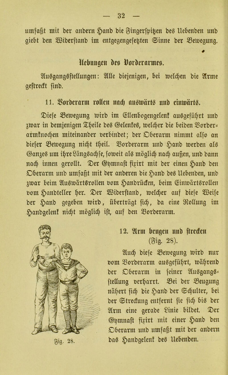 umfaßt mit ber anbern §anb bic Stngerfbt^en beö Uebenben unb giebt ben Siberftanb im entgegengefe^ten «Sinne ber ^emegung. # touiigcii 1)06 i)6r5ci*arm06. 2lu§gang§fte(Inngen: 2lüe biejenigen, bei meieren bie 2lrme geftred’t finb. 11. S^nrberarm roficu nadj nuötoärtö mtb cintoärtö* ÜDiefe S3emegung mirb im (Süenbogengelenf auögefü^rt unb gmar in bemjenigen beö ®elenfeö, metc^er bie beiben ^Serber^ armfnoc^en miteinanber rerbinbet; ber Oberarm nimmt alfo an biefer ^emegung nid^t t^eil. S3orberarm unb merben atö (^anjeö um i^reSängöad^fe, fomeit aU möglid^ nad^ außen, unb bann nad^ innen geroltt. Oer ®b^naft ß^nrt mit ber einen ^anh ben Oberarm unb umfaßt mit ber anberen bie ^anb be§ Uebenben, unb ^mar beim Stu^märtSroIIen rom §anbrücfen, beim (Sinmärtöroüen rom ^anbteller ^er. Oer Siberftanb, mel($er auf biefe 5ßeife ber §anb gegeben mirb, übertragt fid^, ba eine ütotlung im ^anbgelent nid^t möglid^ ift, auf ben 33orberarm. 12. 2lrm beugen mib ftrerfeu (gig. 28). 2lud^ biefe Semegung mirb nur rom 33orberarm auögefüt;rt, U)äl;renb ber Oberarm in feiner 2tu§gang§= fteüung rer^arrt. ^ei ber Beugung näl;ert fid^ bie §anb ber Sdf;uUer, bei ber Streefung entfernt fie fidt; biö ber 21rm eine gerabe ü?inie hübet. Oer ®i;mnaft fij:irt mit einer §anb ben Oberarm unb umfaßt mit ber anbern ba6 ^anbgelent be§ Uebenben. §ig. 28.