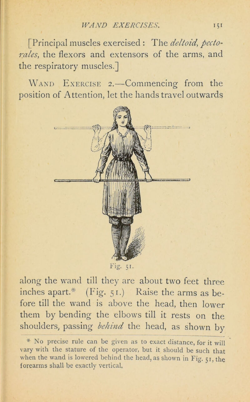 [Principal muscles exercised : The deltoid’ perfo- rates, the flexors and extensors of the arms, and the respiratory muscles.] Wand Exercise 2.—Commencing from the position of Attention, let the hands travel outwards Fig. 51. along the wand till they are about two feet three inches apart.* (Fig. 51.) Raise the arms as be- fore till the wand is above the head, then lower them by bending the elbows till it rests on the shoulders, passing behind the head, as shown by * No precise rule can be given as to exact distance, for it will vary with the stature of the operator, but it should be such that when the wand is lowered behind the head, as shown in Fig. 51, the forearms shall be exactly vertical,