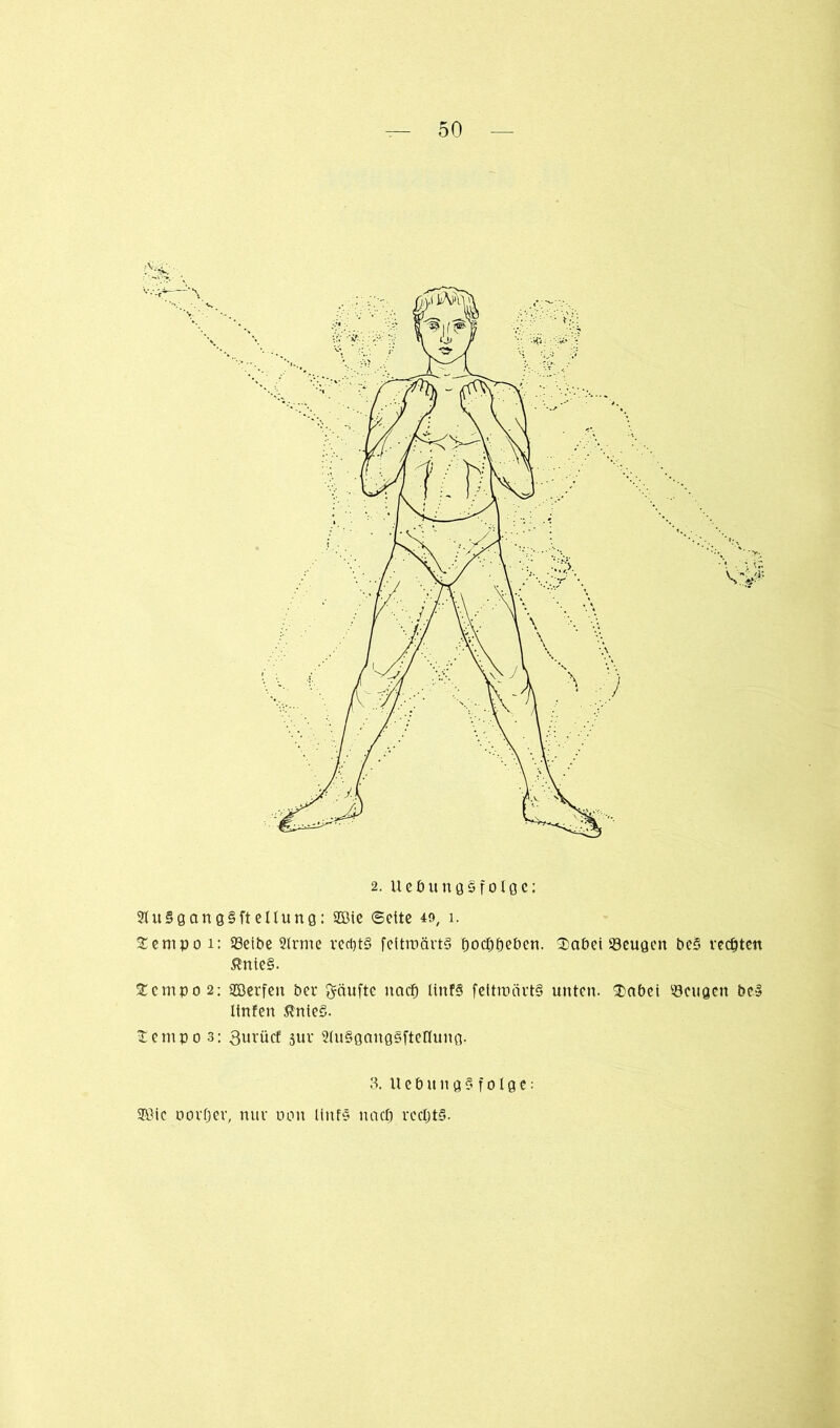 2Ut§8cm0§fteUunQ: 2öie ©ette 49, 1. Jentpoi; 93etbc 2Irme rechts fctttuärts f)ocf)f)e&en. 2>aöei 93eu0en be§ regten ßnte§. %emp0 2; gßerfen ber häufte naef) ItnfS fettroärtS unten. 2>abei beugen bei Itnfen $nte§. tempo 3; 3urücf jur 2(u§0an0§ftenun0. 3. U e ö u n 0 § f o 1 e e: 50ic oovfjer, nur oon linfs naef) recl)t§.