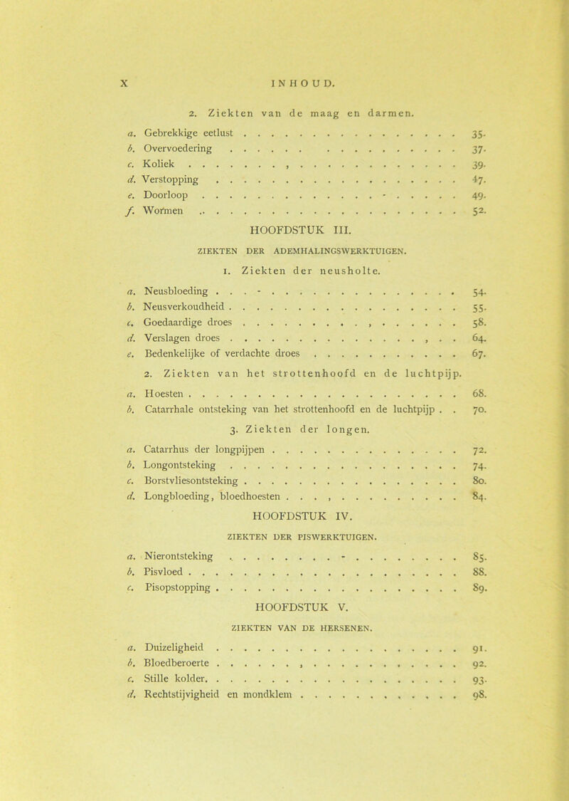 2. Ziekten van de maag en darmen. a. Gebrekkige eetlust 35. b. Overvoedering 37. c. Koliek 39. d. Verstopping 47. e. Doorloop - 49. f. Wor'men 52. HOOFDSTUK III. ZIEKTEN DER ADEMHALINGSWERKTUIGEN. I. Ziekten der neusholte. a. Neusbloeding ... - 54. b. Neusverkoudheid 55. r. Goedaardige droes 58. d. Verslagen droes . . 64. e. Bedenkelijke of verdachte droes 67. 2. Ziekten van het strottenhoofd en de luchtpijp. a. Hoesten 68. b. Catarrhale ontsteking van het strottenhoofd en de luchtpijp . . 70. 3. Ziekten der longen. a. Catarrhus der longpijpen 72. b. Longontsteking 74. c. Borstvliesontsteking 80. d. Longbloeding, bloedhoesten 84. HOOFDSTUK IV. ZIEKTEN DER PISWERKTUIGEN. a. Nierontsteking - 85. b. Pisvloed 88. c. Pisopstopping 89. HOOFDSTUK V. ZIEKTEN VAN DE HERSENEN. a. Duizeligheid 91. b. Bloedberoerte 92. c. Stille kolder 93. d. Rechtstijvigheid en mondklem 98.