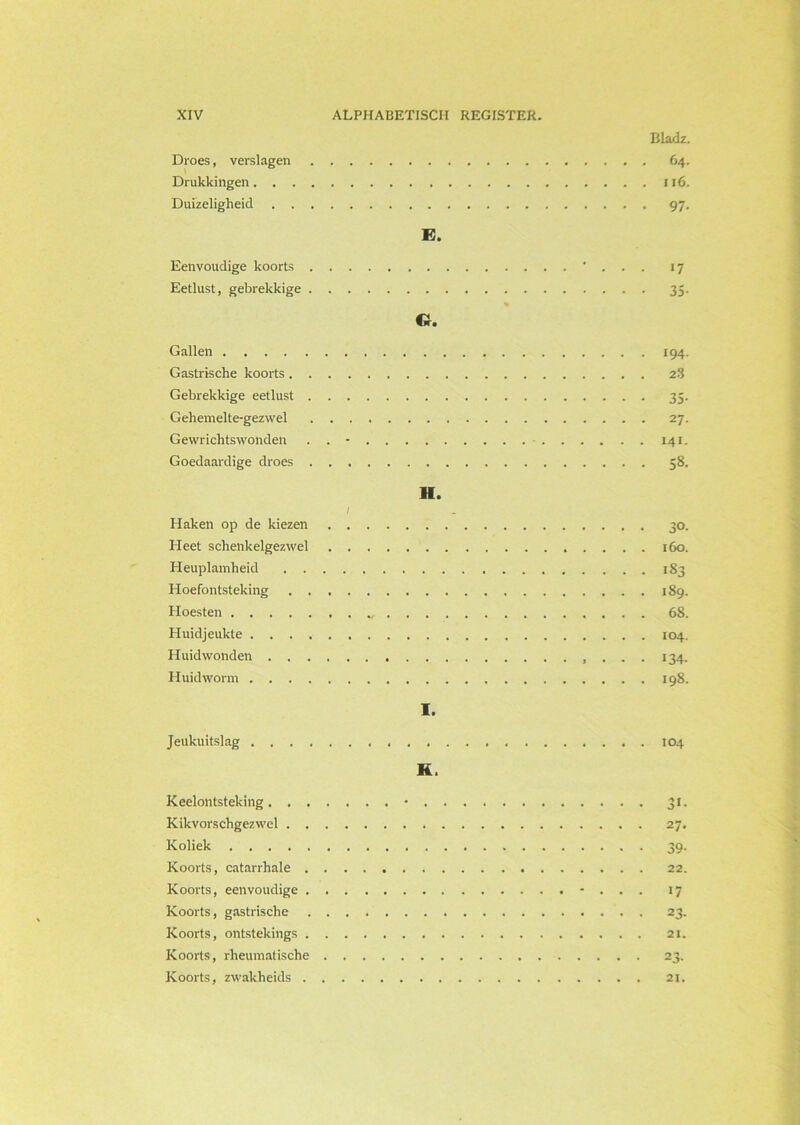 Bladz. Droes, verslagen 64. Drukkingen 116. Duizeligheid 97. E. Eenvoudige koorts ... 17 Eetlust, gebrekkige 35. % Cr. Gallen 194. Gastrische koorts 28 Gebrekkige eetlust 35. Gehemelte-gezwel 27. Gewrichtswonden . . - 141. Goedaardige droes 58. H. 1 Haken op de kiezen 30. Heet schenkelgezwel 160. Heuplamheid 183 Hoefontsteking 189. Hoesten 68. Huidjeukte 104. Huidwonden 134. Huidworm 198. I. Jeukuitslag 104 H. Keelontsteking • 31. Kikvorschgezwel 27. Koliek 39. Koorts, catarrhale 22. Koorts, eenvoudige -... 17 Koorts, gastrische 23. Koorts, ontstekings 21. Koorts, rheumatische 23. Koorts, zwakheids 21.