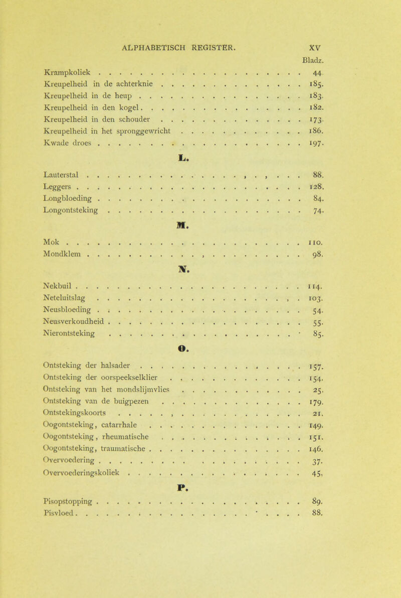 Bladz. Krampkoliek 44 Kreupelheid in de achterknie 185. Kreupelheid in de heup 183. Kreupelheid in den kogel 182. Kreupelheid in den schouder 173. Kreupelheid in het spronggewricht 186. Kwade droes 197. L. Lauterstal 88. Leggers 128. Longbloeding 84. Longontsteking 74. M. Mok 110. Mondklem 98. IV. Nekbuil 114. Neteluitslag 103. Neusbloeding . . 54. Neusverkoudheid 55. Nierontsteking • 85. O. Ontsteking der halsader 157. Ontsteking der oorspeekselklier . . 154. Ontsteking van het mondslijmvlies 25. Ontsteking van de buigpezen 179. Ontstekingskoorts 21. Oogontsteking, catarrhale 149. Oogontsteking, rheumatische . 151. Oogontsteking, traumatische 146. Overvoedering 37. Overvoederingskoliek 45, P. Pisopstopping 89. Pisvloed • . . . . 88.