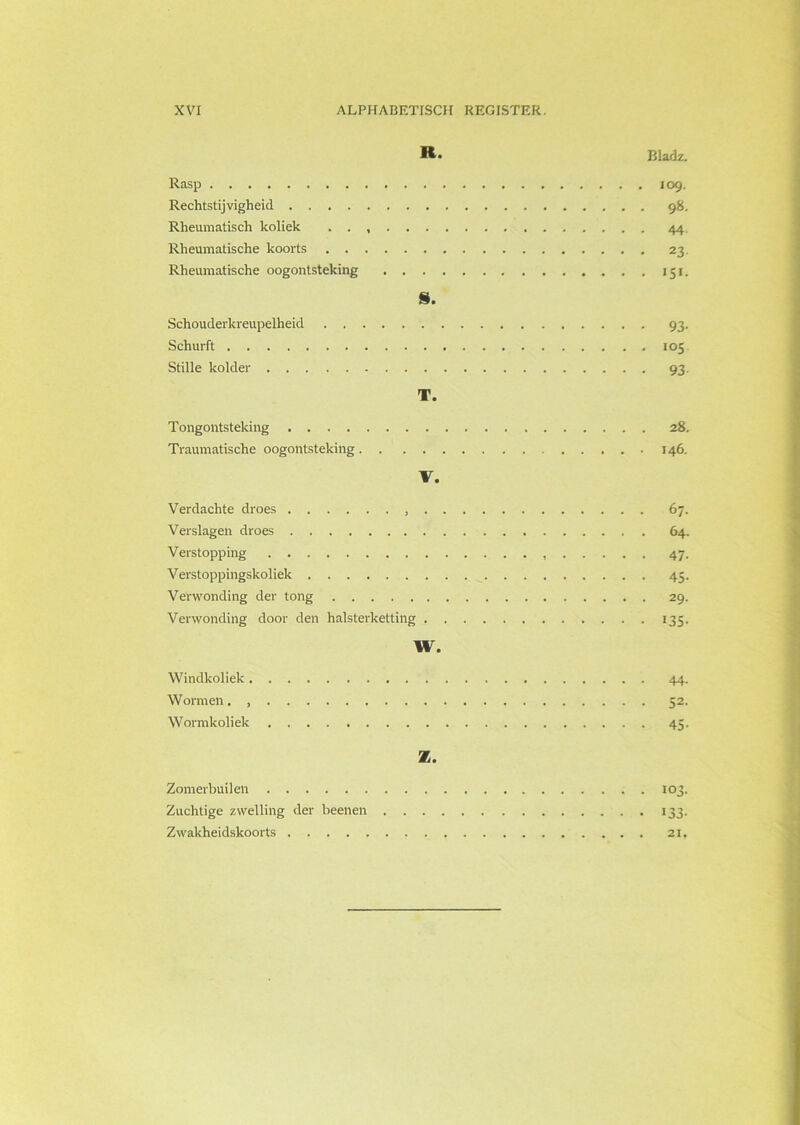 Bladz. Rasp 109. Rechtstijvigheid 98. Rheumatisch koliek . . 44. Rheumatisehe koorts 23. Rheumatische oogontsteking 151. s. Schouderkreupelheid 93. Schurft 105 Stille kolder 93. T. Tongontsteking 28. Traumatische oogontsteking 146. V. Verdachte droes 67. Verslagen droes 64. Verstopping 47. Verstoppingskoliek 45. Verwonding der tong 29. Verwonding door den halsterketting 135. W. Windkoliek 44. Wormen. 52. Wormkoliek 45. Z. Zomerbuilen 103. Zuchtige zwelling der beenen 133. Zwakheidskoorts 21.
