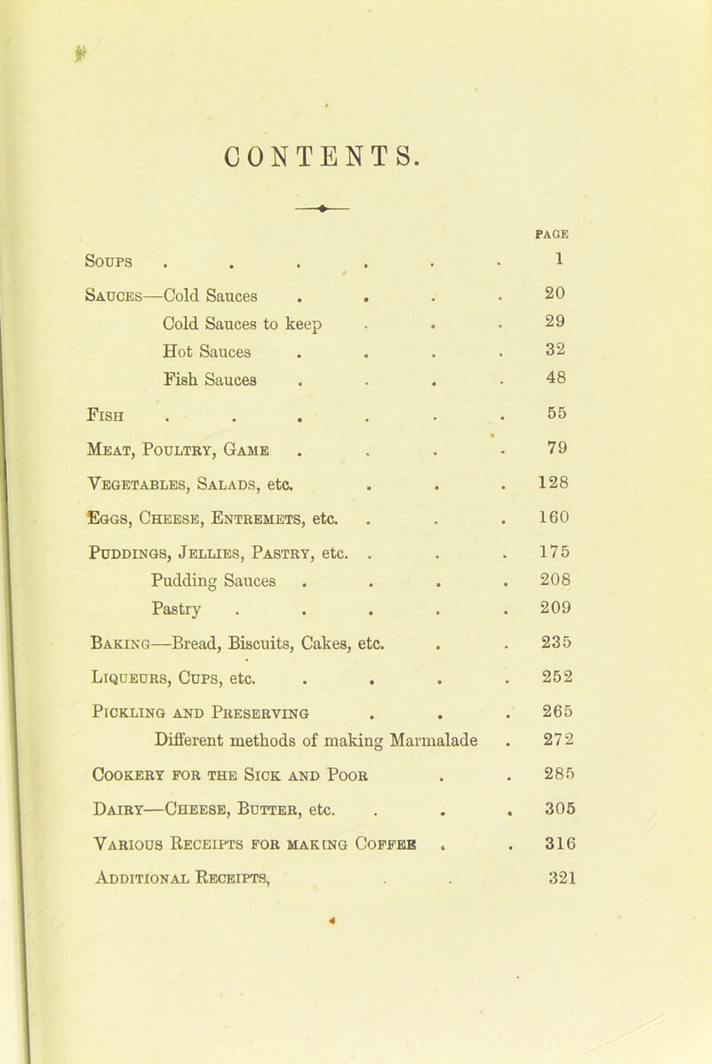 CONTENTS —♦— PAGE SODPS ...... 1 4 Sauces—Cold Sauces . . . .20 Cold Sauces to keep . . .29 Hot Sauces . . . .32 Fish Sauces . . . .48 Fish ...... 55 Meat, Poultry, Game . . . .79 Vegetables, Salads, etc. . . .128 Eggs, Cheese, Entremets, etc. . . .160 Puddings, Jellies, Pastry, etc. . . .175 Pudding Sauces . . . .208 Pastry ..... 209 Baking—Bread, Biscuits, Cakes, etc. . .235 Liqueurs, Cups, etc. . . . .252 Pickling and Preserving . . .265 Different methods of making Marmalade . 272 Cookery for the Sick and Poor . . 285 Dairy—Cheese, Butter, etc. . . .306 Various Receipts for making Coffee . . 316 Additional Receipts, 321 4