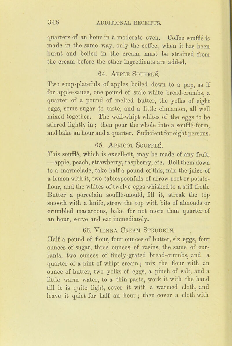 quarters of an hour in a moderate oven. Coffee souffle is made in the same -way, only the coffee, when it has been burnt and boiled in the cream, must be strained from the cream before the other ingredients are added. 64. Apple Souffli^. Two soup-platefuls of apples boiled down to a pap, as if for apple-sauce, one pound of stale white bread-crumbs, a quarter of a pound of melted butter, the yolks of eight eggs, some sugar to taste, and a little cinnamon, all well mixed together. The well-whipt whites of the eggs to be stirred lightly in ; then pour the whole into a souffle-form, and bake an hour and a quarter. Sufficient for eight persons. 65. Apricot SoufflA This souffle, which is excellent, may be made of any fruit, —apple, peach, strawberry, raspberry, etc. Boil them down to a marmelade, take half a pound of this, mix the juice of a lemon with it, two tabiespoonfuls of arrow-root or potato- flour, and the whites of twelve eggs whisked to a stiff froth. Butter a porcelain souffle-mould, fill it, streak the top smooth with a knife, strew the top with bits of almonds or crumbled macaroons, bake for not more than quarter of an hour, serve and eat immediately. 66. Vienna Cream Strudeln. Half a pound of flour, four ounces of butter, six eggs, four ounces of sugar, three ounces of rasins, the same of cur- rants, two ounces of finely-grated bread-crumbs, and a quarter of a pint of whipt cream ; mix the flour with an ounce of butter, two yolks of eggs, a pinch of salt, and a little warm water, to a thin paste, work it with the hand till it is quite light, cover it with a warmed cloth, and leave it quiet for half an hour; then cover a cloth with