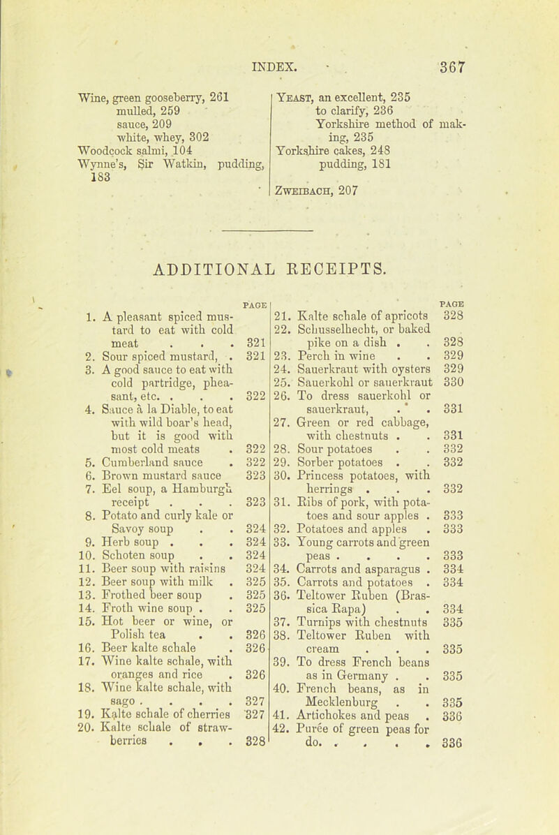 Wine, green gooseberry, 261 mulled, 259 sauce, 209 ■white, whey, 302 Woodcock sahni, 104 Wynne’s, Sir Watkin, pudding, 183 Yeast, an excellent, 235 to clarify, 236 Yorkshire method of mak- ing, 235 Yorkshire cakes, 248 pudding, 181 ZWEIBACH, 207 ADDITIONAL KECEIPTS. PAGE 1. A pleasant spiced mus- tard to eat with cold meat . . .321 2. Sour spiced mustard, . 321 3. A good sauce to eat with cold partridge, phea- sant, etc. . . . 322 4. Sauce a la Diahle, to eat with wild boar’s head, but it is good with most cold meats . 322 5. Cumberland sauce . 322 6. Brown mustard sauce 323 7. Eel soup, a Hamburgh receipt . . . 323 8. Potato and curly kale or Savoy soup . . 324 9. Herb soup . . .324 10. Schoten soup . . 324 11. Beer soup with raisins 324 12. Beer soup with milk . 325 13. Frothed beer soup . 325 14. Froth wine soup . . 325 15. Hot beer or wine, or Polish tea . . 326 16. Beer kalte schale . 326 17. Wine kalte schale, with oranges and rice . 326 18. Wine kalte schale, with sago .... 327 19. Kalte schale of cherries '327 20. Kalte schale of straw- berries . , .328 PAGE 21. Kalte schale of apricots 328 22. Scliusselhecht, or baked pike on a dish . . 328 23. Perch in wine . . 329 24. Sauerkraut with oysters 329 25. Sauerkohl or sauerkraut 330 26. To dress sauerkohl or sauerkraut, . * . 331 27. Green or red cabbage, with chestnuts . . 331 28. Sour potatoes . . 332 29. Sorber potatoes . . 332 30. Princess potatoes, with herrings . . . 332 31. Bibs of pork, with pota- toes and sour apples . 333 32. Potatoes and apples . 333 33. Young carrots and green peas .... 333 34. Carrots and asparagus . 334 35. Carrots and potatoes . 334 36. Teltower Kuben (Bras- sica Eapa) . . 334 37. Turnips with chestnuts 335 38. Teltower Euben with cream . . . 335 39. To dress French beans as in Germany . . 335 40. French beans, as in Mecklenburg . . 335 41. Artichokes and peas . 336 42. Puree of green peas for do. .... 336