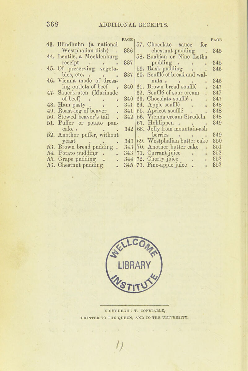 PAGE 43. Blindhuhn (a national Westphalian dish) . 336 44. Lentils, a Mecklenburg receipt . . . 337 45. Of preserving vegeta- bles, etc. . . . 337 46. Vienna mode of dress- ing cutlets of beef . 340 47. Sauerlraten (Marinade of beef) . . . 340 48. Ham pasty . . . 341 49. Boast-leg of beaver . 341 50. Stewed beaver’s tail . 342 51. Puffer or potato pan- cake .... 342 52. Another puffer, without yeast . . . 343 53. Brown bread pudding . 343 54. Potato pudding . . 343 65. Grape pudding . . 344 66. Chestnut pudding . 345 PAGE 57. Chocolate sauce for chestnut pudding . 345 58. Suabian or Nine Lotbs pudding . . . 345 59. Busk pudding . . 346 60. Souffle of bread and wal- nuts .... 346 61. Brown bread souffle . 347 62. Souffl4 of sour cream . 347 63. Chocolata souffle . . 347 64. Apple souffle . . 348 65. Apricot souffle . . 348 66. Vienna cream Strudeln 348 67. Hohlippen . . . 349 68. Jelly from mountain-ash berries . . .349 69. Westphalian butter cake 350 70. Another butter cake . 351 71. Currant juice . . 352 72. Cherry juice . . 352 73. Pine-apple juice . . 352 EDINBURGH : T. CONSTABLE, PRINTER TO TUE QUEEN, AND TO THE UNIVERSITY. IJ