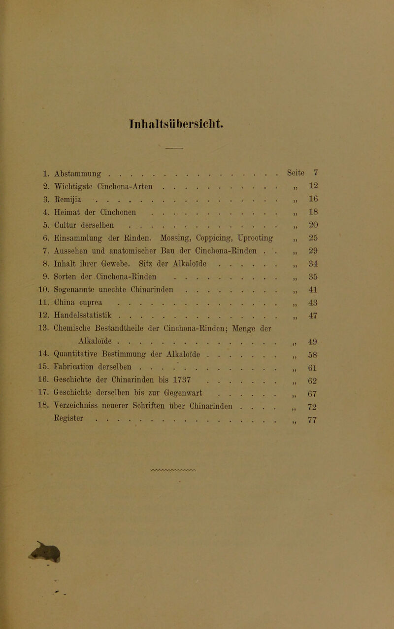 Inhaltsübersicht 1. Abstammung Seite 2. Wichtigste Cinckona-Arten ,, 3. Remijia „ 4. Heimat der Cinchonen „ 5. Cultur derselben „ 6. Einsammlung der Rinden. Mossing, Coppicing, Uprooting „ 7. Aussehen und anatomischer Bau der Cinckona-Rinden . . „ 8. Inhalt ihrer Gewebe. Sitz der Alkaloide „ 9. Sorten der Cinchona-Rinden „ 10. Sogenannte unechte Chinarinden „ 11. China cuprea „ 12. Handelsstatistik „ 13. Chemische Bestandteile der Cinchona-Rinden; Menge der Alkaloide „ 14. Quantitative Bestimmung der Alkaloide „ 15. Eabrication derselben ff 16. Geschichte der Chinarinden bis 1737 „ 17. Geschichte derselben bis zur Gegenwart 18. Verzeichniss neuerer Schriften über Chinarinden .... „ Register 7 12 16 18 20 25 29 34 35 41 43 47 49 58 61 62 67 72 77