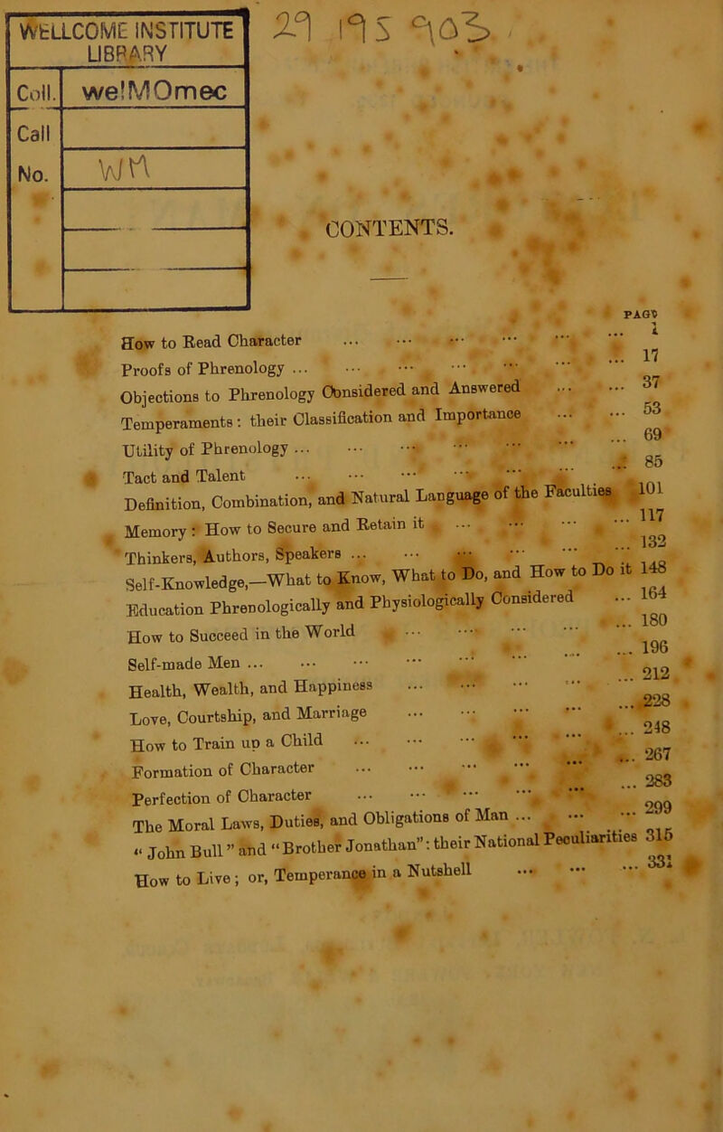 WELLCOME INSTITUTE LIBRARY ; Coll. welMOmec Call No. wtt W' %°\ ns CONTENTS. PAGV 1 17 37 53 69 85 101 117 132 How to Read Character Proofs of Phrenology ... < Objections to Phrenology Considered and Answered Temperaments: their Classification and Importance Utility of Phrenology ... • •• -f Tact and Talent •* * Definition, Combination, and Natural Language of the Faculties Memory : How to Secure and Retain it * Thinkers, Authors, Speakers ••• “ Self-Knowledge,-What to Know, What to Do, and How to Do it 48 Education Phrenological!? and Physiologically Considered ^ ... 164 How to Succeed in the World •••  ^ 196 Self-made Men 1 Health, Wealth, and Happiness ... +S.P - -‘ Love, Courtship, and Marriage ; -• - How to Train up a Child * | ^ Formation of Character ... ••• ••• ^ j » ^gg Perfection of Character ... ••• w * * » * ' g The Moral Laws, Duties, and Obligations of Man - , John Bull ” and “ Brother Jonathan”: their National Peculiarities 315 How to Live ; or, Temperance in a Nutshell