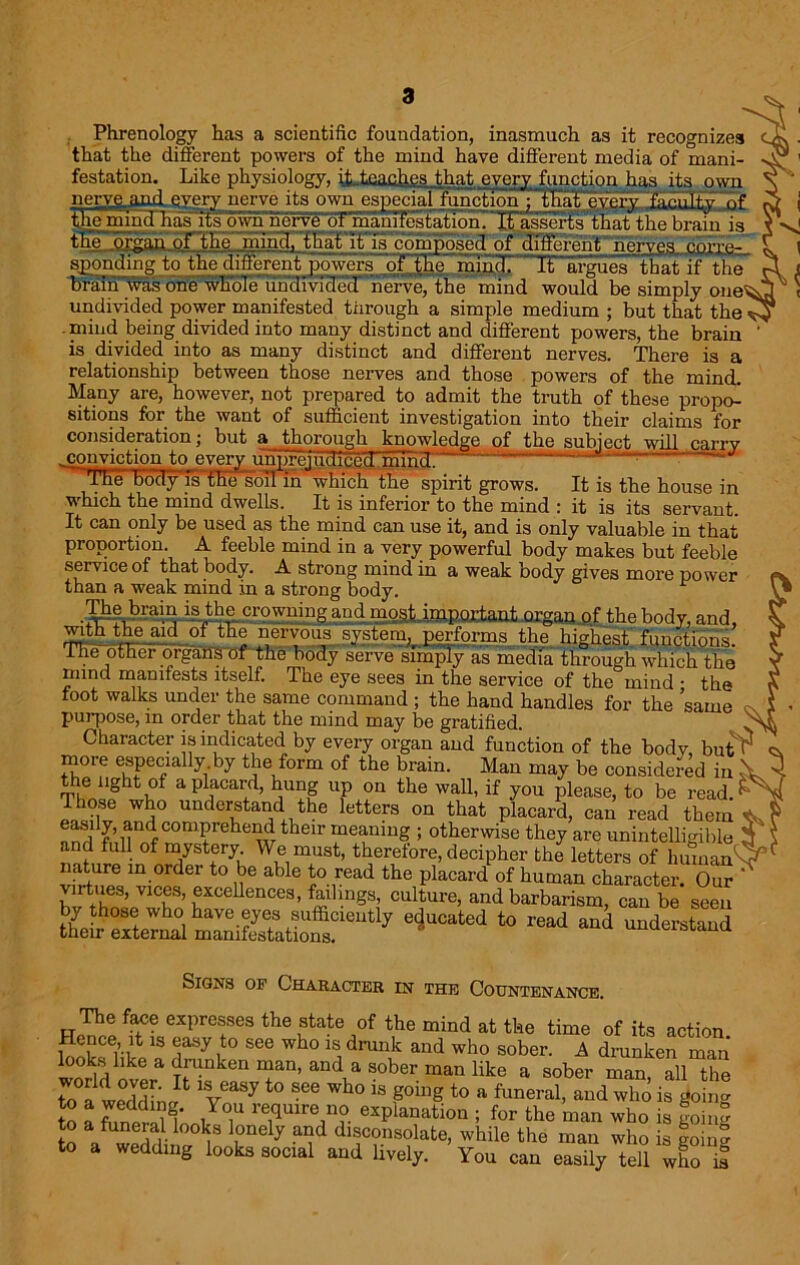 Phrenology has a scientific foundation, inasmuch as it recognizes that the different powers of the mind have different media of mani- festation. Like physiology, it., teaches that every function has its own nerv^ and OTery nerve its own especial function : £Eat every faculty of the mind has its own nerve of manifestation. It asserts that the brain is the organ of the mind, that it is composed of different nerves corre- sponding to the different powers of the mincT It argues that if the brain was one whole undivided' nerve, the mind would be simply one undivided power manifested through a simple medium ; but that the mind being divided into many distinct and different powers, the brain is divided into as many distinct and different nerves. There is a relationship between those nerves and those powers of the mind. Many are, however, not prepared to admit the truth of these propo^ sitions for the want of sufficient investigation into their claims for consideration; but a thorough knowledge of the subject will carry .conviction to every uhpreiufficed~nhnd. 1 The 'Body'is the soil in which the spirit grows. It is the house in which the mind dwells. It is inferior to the mind : it is its servant It can only be used as the mind can use it, and is only valuable in that proportion. A feeble mind in a very powerful body makes but feeble service of that body. A strong mind in a weak body gives more power than a weak mind in a strong body. gowning and mogt important organ of the body, and, with the aid of the nervous system,, performs the highest functions, the other organs of the body serve simply as media through which the mind manifests itself. The eye sees in the service of the mind • the toot walks under the same command ; the hand handles for the same purpose, m order that the mind may be gratified. Character is indicated by every organ and function of the body, but C more especially by the form of the brain. Man may be considered in the light of a placard, hung up on the wall, if you please, to be read. Those who understand the letters on that placard, can read them easily, and comprehend then- meaning ; otherwise they are unintelligible and full of mystery We must, therefore, decipher the letters of liuinan^ nature in order to be able to read the placard of human character. Our ' enCCS’ m ngS{ Cui}ure’ and barbarism, can be seen e4ucated to read and Signs op Character in the Countenance. The face expresses the state of the mind at the time of its action Hence, it is easy to see who is drunk and who sober. A drunken man looks like a drunken man, and a sober man like a sober man all the to°a wedding t0 866 Wh° is to * f“l, and who is gob g to a ,Y°,U re1qUlr61n?. explanation ; for the man who is going to a wedditt ffiot11 7 Ei dlf?nS(?late- while the man who is going to a wedding looks social and lively. You can easily tell who is