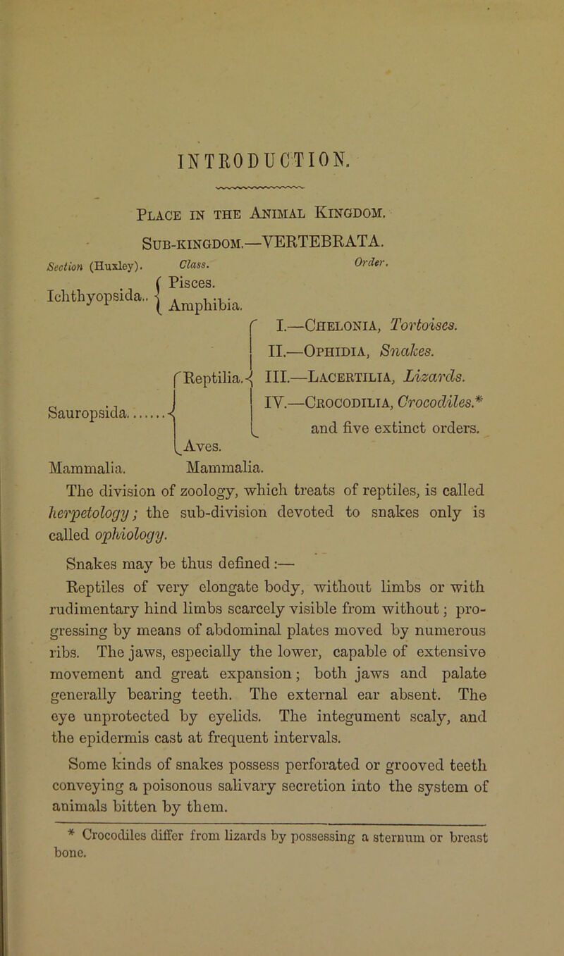 INTRODUCTION. Place in the Animal Kingdom. Sub-kingdom.—VERTEBRATA. Section (Huxley). Class. Order. ( Pisces. Ichthyopsida.. < . , . J 1 ( Amphibia. I.—Chelonia, Tortoises. II.—Ophidia, Snakes. fReptilia.^ III.—Lacertilia, Lizards. IV.—Crocodilia, Crocodiles.* and five extinct orders. Mammalia. Mammalia. The division of zoology, which treats of reptiles, is called herpetology; the sub-division devoted to snakes only is called ophiology. Snakes may be thus defined :— Reptiles of very elongate body, without limbs or with rudimentary hind limbs scarcely visible from without; pro- gressing by means of abdominal plates moved by numerous ribs. The jaws, especially the lower, capable of extensive movement and great expansion; both jaws and palate generally beai’ing teeth. The external ear absent. The eye unprotected by eyelids. The integument scaly, and the epidermis cast at frequent intervals. Sauropsida. J Aves. Some kinds of snakes possess perforated or grooved teeth conveying a poisonous salivary secretion into the system of animals bitten by them. * Crocodiles differ from lizards by possessing a sternum or breast bone.