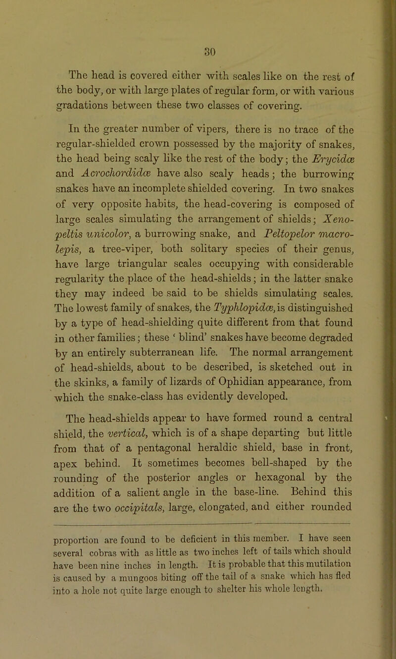The head is covered either with scales like on the rest of the body, or with large plates of regular form, or with various gradations between these two classes of covering. In the greater number of vipers, there is no trace of the regular-shielded crown possessed by the majority of snakes, the head being scaly like the rest of the body; the Erycidce and Acrocliordidce have also scaly heads ; the burrowing snakes have an incomplete shielded covering. In two snakes of very opposite habits, the head-covering is composed of large scales simulating the arrangement of shields; Xeno- peltis unicolor, a burrowing snake, and Peltopelor macro- lepis, a tree-viper, both solitary species of their genus, have large triangular scales occupying with considerable regularity the place of the head-shields; in the latter snake they may indeed be said to be shields simulating scales. The lowest family of snakes, the Typhlopidce, is distinguished by a type of head-shielding quite different from that found in other families; these £ blind’ snakes have become degraded by an entirely subterranean life. The normal arrangement of head-shields, about to be described, is sketched out in the skinks, a family of lizards of Ophidian appearance, from which the snake-class has evidently developed. The head-shields appear to have formed round a central shield, the vertical, which is of a shape departing but little from that of a pentagonal heraldic shield, base in front, apex behind. It sometimes becomes bell-shaped by the rounding of the posterior angles or hexagonal by the addition of a salient angle in the base-line. Behind this are the two occipitals, large, elongated, and either rounded proportion are found to be deficient in this member. I have seen several cobras with as little as two inches left of tails which should have been nine inches in length. It is probable that this mutilation is caused by a mungoos biting off the tail of a snake which has fled into a hole not quite large enough to shelter his whole length.