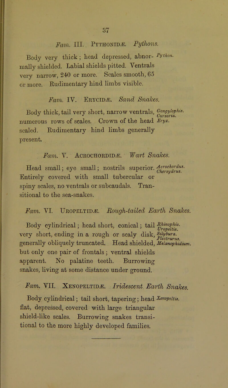 r>»7 O/ Fam. III.. PythoniDiE. Pythons. Body very thick; head depressed, abnor- Python. mally shielded. Labial shields pitted. Ventrals very narrow, 240 or more. Scales smooth, 65 or more. Rudimentary hind limbs visible. Fam. IV. EiiyciDtE. Sand Snakes. Body thick, tail very short, narrow ventrals, Oongylophis. numerous rows of scales. Crown of the head Eryx. scaled. Rudimentary hind limbs generally present. Fam. V. Acrochordid/E. Wart Snakes. Head small; eye small; nostrils superior. Entirely covered with small tubercular or spiny scales, no ventrals or subcaudals. Tran- sitional to the sea-snakes. Fam. VI. Uropeltid,e. Rough-tailed Earth Snakes. Body cylindrical; head short, conical; tail propdt^' very short, ending in a rough or scaly disk, Sjjybura. generally obliquely truncated. Head shielded, Meianophidium. but only one pair of frontals ; ventral shields apparent. No palatine teeth. Burrowing snakes, living at some distance under ground. Fam. VII. Xenopelthle. Iridescent Earth Snakes. Body cylindrical; tail short, tapering; head Eenopeitu. flat, depressed, covered with large triangular shield-like scales. Burrowing snakes transi- tional to the more highly developed families.