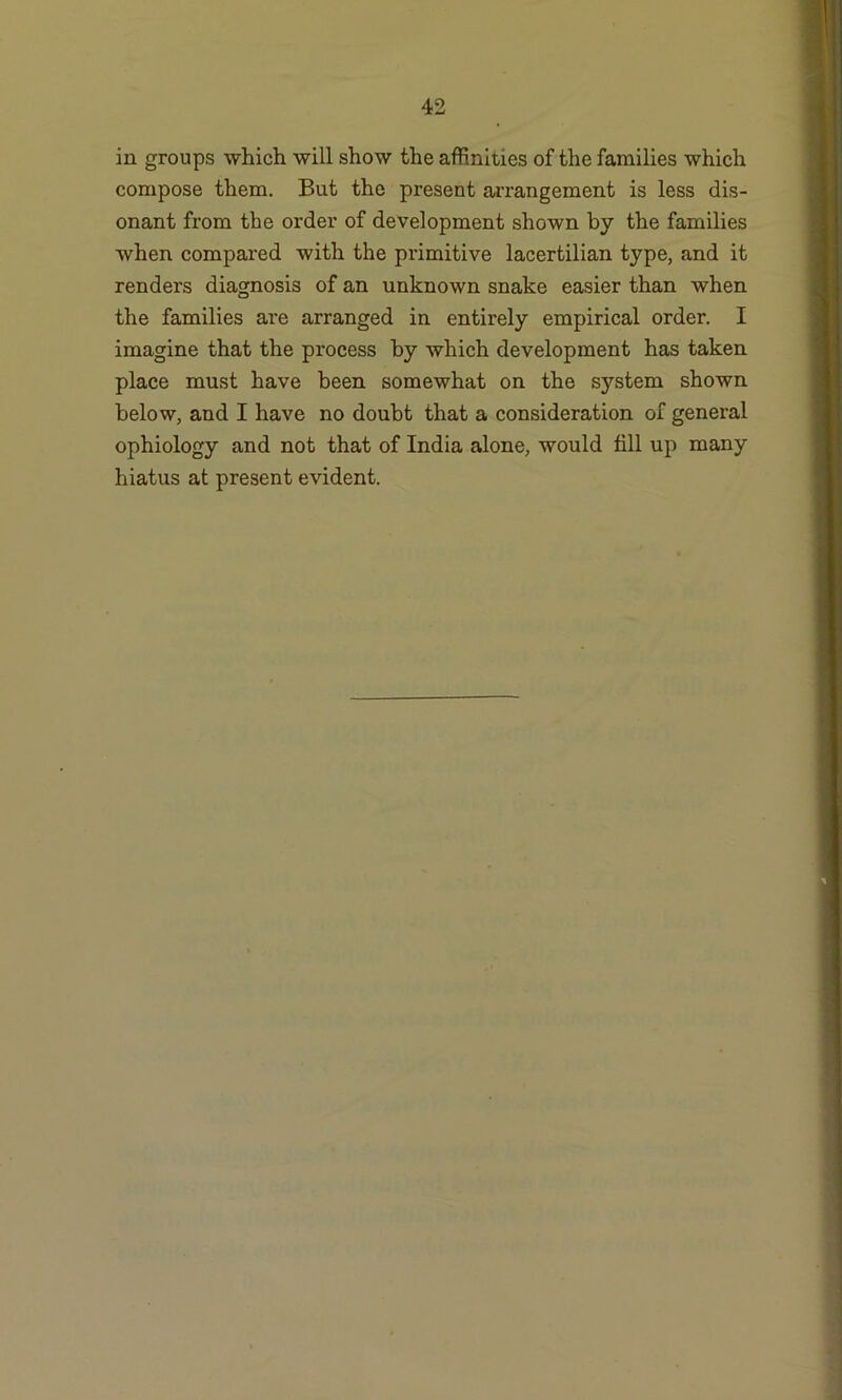 in groups which will show the affinities of the families which compose them. But the present arrangement is less dis- onant from the order of development shown by the families when compared with the primitive lacertilian type, and it renders diagnosis of an unknown snake easier than when the families are arranged in entirely empirical order. I imagine that the process by which development has taken place must have been somewhat on the system shown below, and I have no doubt that a consideration of general ophiology and not that of India alone, would fill up many hiatus at present evident.