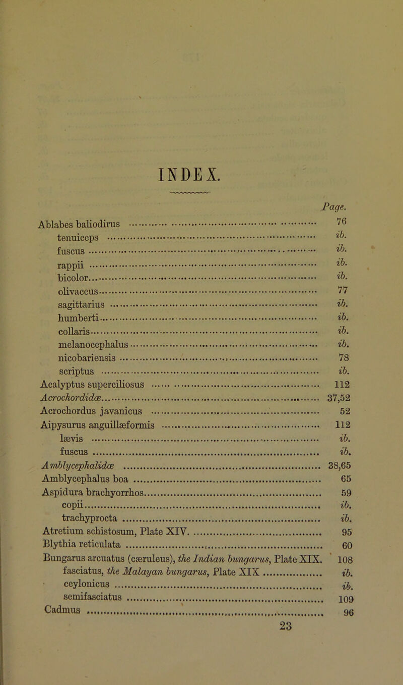 INDEX. Page. Ablabes baliodirus 76 tenuiceps ib- fuscus %b- rappii ib- bicolor ib. olivaceus 77 Sagittarius ib. humberti ib. collaris ib. melanocephalus ib. nicobariensis 78 scriptus ib. Acalyptus superciliosus 112 Acrochordidce 37,52 Acrochordus javanicus 52 Aipysurus anguillaeformis 112 lsevis ib. fuscus ib. A mblycephalidce 38,65 Amblycepbalus boa 65 Aspidura brachyorrhos 59 copii ib. trachyprocta ib. Atretium schistosum, Plate XIV 95 Blythia reticulata 60 Bungarus arcuatus (caeruleus), the Indian bungarus, Plate XIX. 108 fasciatus, the Malayan bungarus, Plate XIX ib. ceylonicus semifasciatus 109 Cadmus 96 23