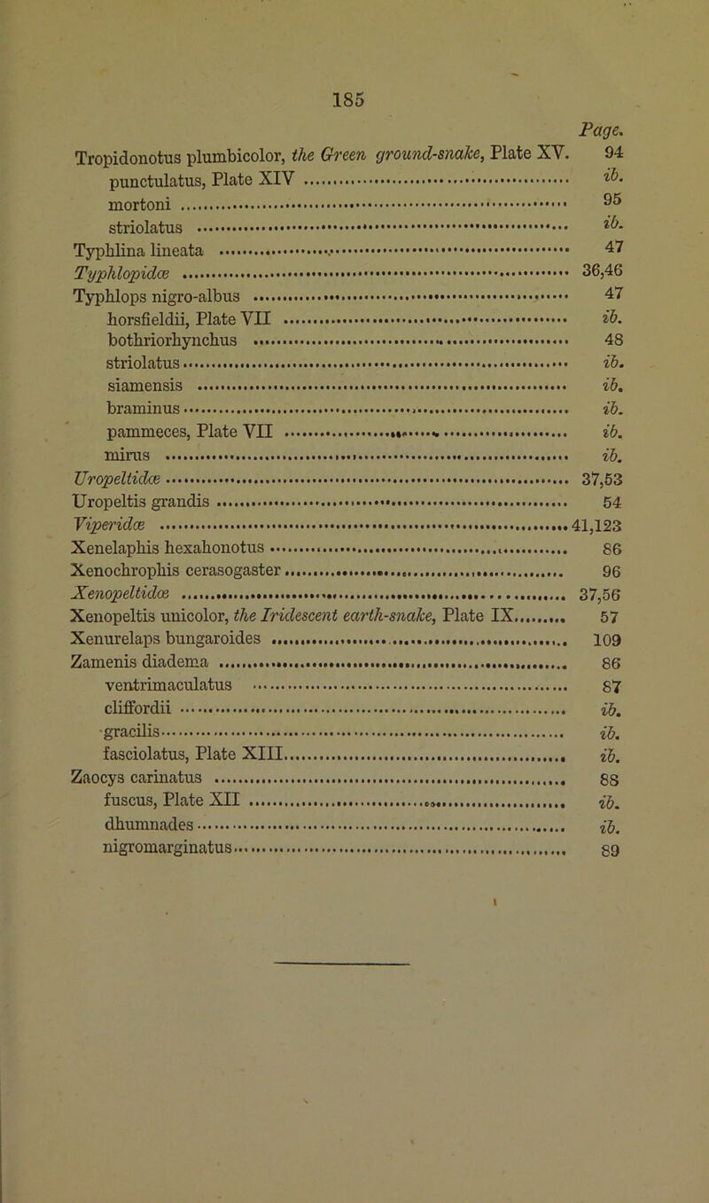 Page. Tropidonotus plumbicolor, the Green ground-snake, Plate XV. 94 punctulatus, Plate XIV ib. mortoni ^5 striolatus Typhlina lineata 47 Typhlopidce 36,46 Typhlops nigro-albus 47 borsfieldii, Plate VII ib. botbriorbyncbus 48 striolatus ib. siamensis ib. brauiinus ib. pammeces, Plate VII « ib. mirus ib. Uropeltidce 37,53 Uropeltis grandis 54 Vipet'idce 41,123 Xenelapliis liexalionotus 86 Xenochropliis cerasogaster 96 Xenopeltuloe 37,56 Xenopeltis unicolor, the Iridescent earth-snake, Plate IX 57 Xenurelaps bungaroides 109 Zamenis diadema 86 ventrimaculatus 87 cliffordii ib. gracilis ib, fasciolatus, Plate XIII ib, Zaocys earinatus 88 fuscus, Plate XII •.•••t••«•..c»«# ib. dhumnades ib, nigromarginatus 89 I