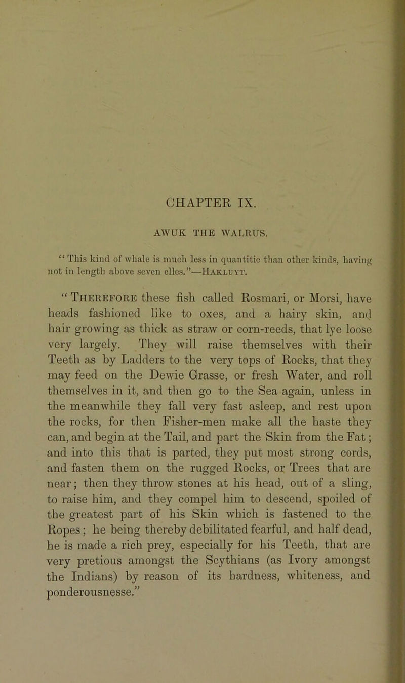 AW UK THE WALRUS. “ This kind of whale is much less in quantitie than other kinds, having not in length above seven elles.”—Hakluyt. “ Therefore these fish called Rosraari, or Morsi, have heads fashioned like to oxes, and a hairy skin, ant] hair growing as thick as straw or corn-reeds, that lye loose very largely. They will raise themselves with their Teeth as by Ladders to the very tops of Rocks, that they may feed on the Dewie Grasse, or fresh Water, and roll themselves in it, and then go to the Sea again, unless in the meanwhile they fall very fast asleep, and rest upon the rocks, for then Fisher-men make all the haste they can, and begin at the Tail, and part the Skin from the Fat; and into this that is parted, they put most strong cords, and fasten them on the rugged Rocks, or Trees that are near; then they throw stones at his head, out of a sling, to raise him, and they compel him to descend, spoiled of the greatest part of his Skin which is fastened to the Ropes; he being thereby debilitated fearful, and half dead, he is made a rich prey, especially for his Teeth, that are very pretious amongst the Scythians (as Ivory amongst the Indians) by reason of its hardness, whiteness, and ponderousnesse.”