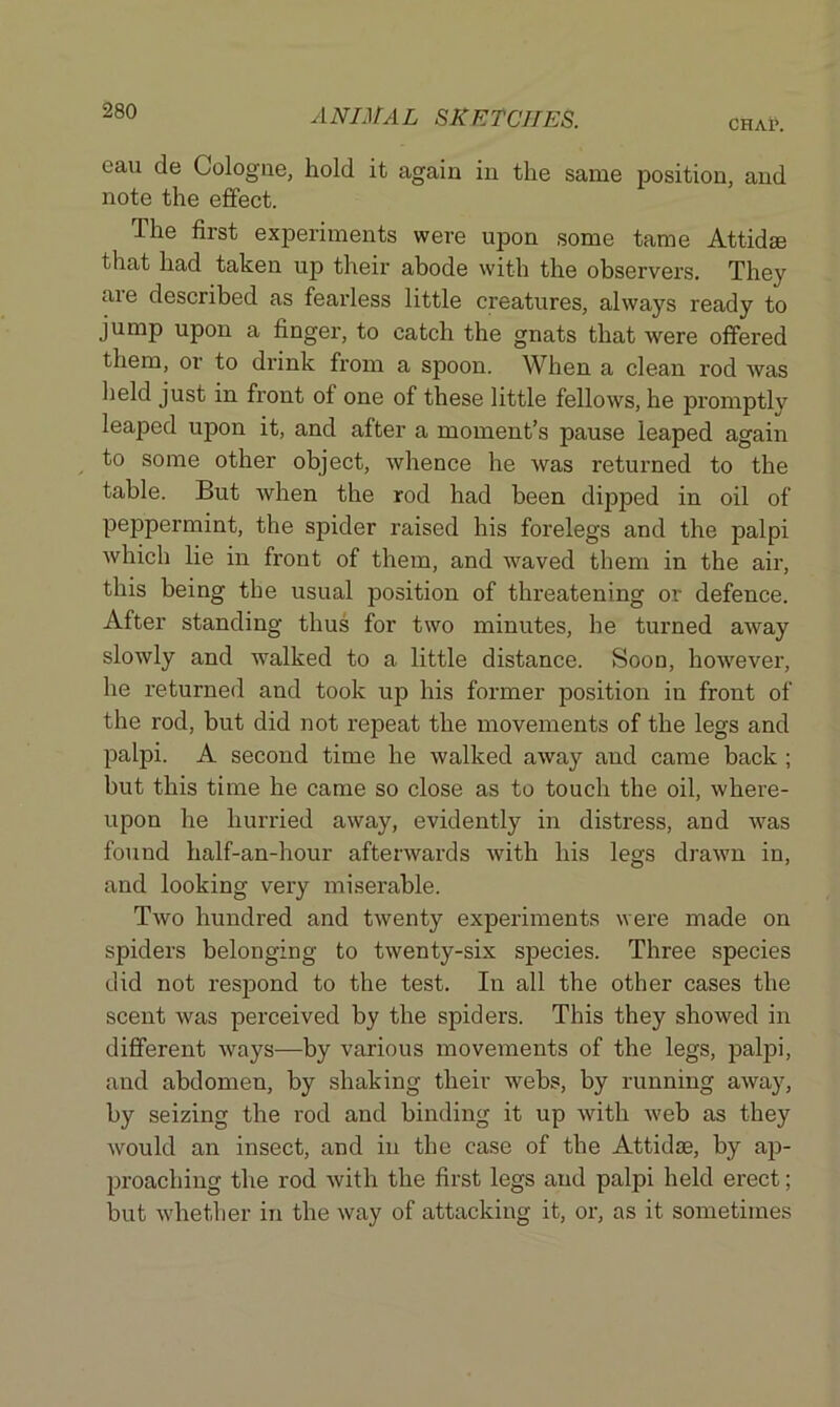 CHAP. eau de Cologne, hold it again in the same position, and note the effect. The first experiments were upon some tame Attidae that had taken up their abode with the observers. They aie described as fearless little creatures, always ready to jump upon a finger, to catch the gnats that were offered them, or to drink from a spoon. When a clean rod was held just in front of one of these little fellows, he promptly leaped upon it, and after a moment’s pause leaped again to some other object, whence he was returned to the table. But when the rod had been dipjDed in oil of peppermint, the spider raised his forelegs and the palpi which lie in front of them, and waved them in the air, this being the usual position of threatening or defence. After standing thus for two minutes, he turned away slowly and walked to a little distance. Soon, however, he returned and took up his former position in front of the rod, but did not repeat the movements of the legs and palpi. A second time he walked away and came back ; but this time he came so close as to touch the oil, where- upon he hurried away, evidently in distress, and was found half-an-hour afterwards with his legs drawn in, and looking very miserable. Two hundred and twenty experiments were made on spiders belonging to twenty-six species. Three species did not respond to the test. In all the other cases the scent was perceived by the spiders. This they showed in different ways—by various movements of the legs, palpi, and abdomen, by shaking their webs, by running away, by seizing the rod and binding it up with web as they would an insect, and in the case of the Attidae, by ap- proaching the rod with the first legs and palpi held erect; but whether in the way of attacking it, or, as it sometimes