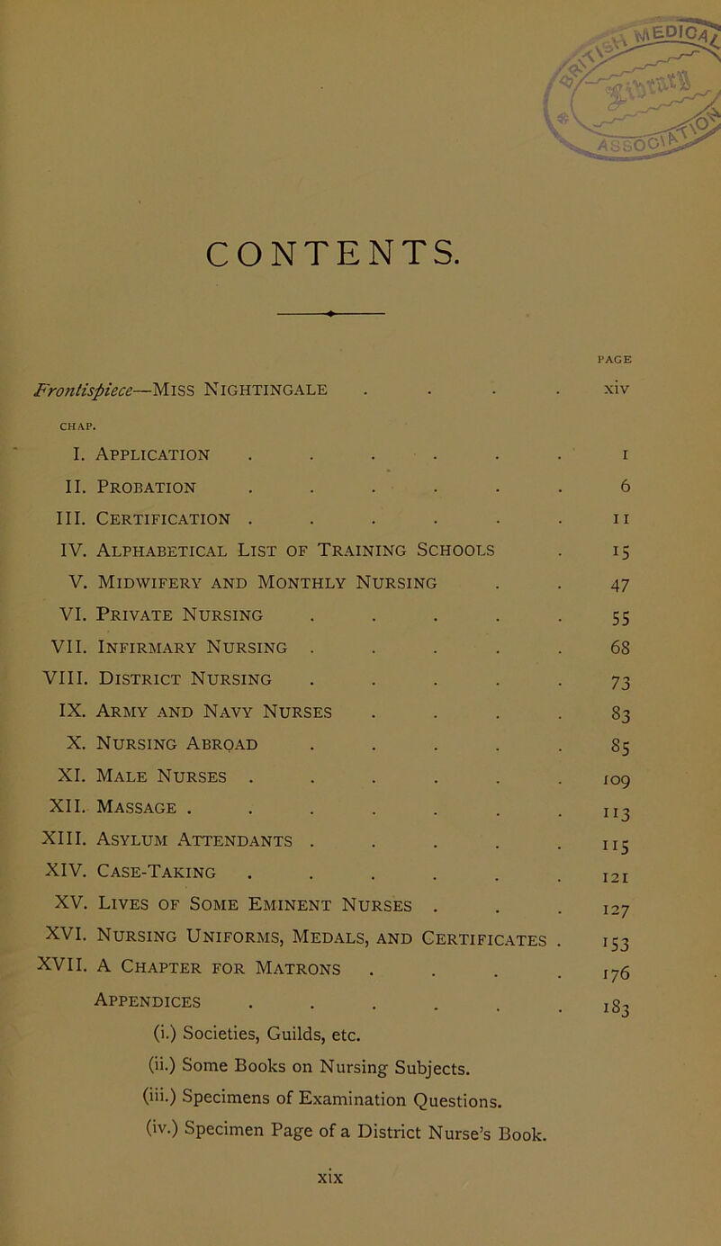 CONTENTS PAGE Frontispiece—Miss Nightingale xiv CHAP. I. Application ...... i II. Probation ...... 6 III. Certification . . . . . u IV. Alphabetical List of Training Schools . 15 V. Midwifery and Monthly Nursing . . 47 VI. Private Nursing ..... 55 VII. Infirmary Nursing ..... 68 VIII. District Nursing ..... 73 IX. Army and Navy Nurses .... 83 X. Nursing Abroad ..... 85 XI. Male Nurses ...... 109 XII. Massage . . . . . . .113 XIII. Asylum Attendants . . . . .115 XIV. Case-Taking ••.... 121 XV. Lives of Some Eminent Nurses . . .127 XVI. Nursing Uniforms, Medals, and Certificates . 153 XVII. A Chapter for Matrons . . . .176 Appendices . . . . . .183 (i.) Societies, Guilds, etc. (ii.) Some Books on Nursing Subjects. (iii.) Specimens of Examination Questions. (iv.) Specimen Page of a District Nurse’s Book.