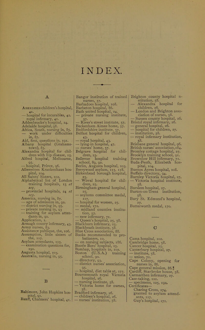 INDEX, A A BERDEEN children’s hospital, 4X*. — hospital for incurables, 41. royal infirmary, 41. Addenbrooke's hospital, 24. Adelaide hospital, 98. Africa, South, nursing in, 85. — work under difficulties in, 87. Aid, first, questions in, 191. Albany hospital (Grahams- town), 85. Alexandra hospital for chil- dren with hip disease, 15. Alfred hospital, Melbourne, 95-. —■ hospital, Prince, 96. Allemeines Krankenhaus hos- pital, 10.J. All Saints’ Sisters, 102. Alphabetical list of London training hospitals, 15 et seq. — provincial hospitals, 24 et seq. America, nursing in, 87. — age of admission in, 92. — district nursing in, 95. — private nursing in, 93 — training for asylum atten- dants in, 90. Application, 1. Armagh county infirmary, 43. Army nurses, 8j. Assistance pubhque, the, 106. Assumption, little sisters of the, 107. Asylum attendants, 115. — examination questions for, 190. Augusta hospital, 103. Australia, nursing in, 95. B Baltimore, John Hopkins hos- pital, 91. Banff, Chalmers’ hospital, 41. Bangor institution of trained nurses, 57. Barbadoes hospital, 108. Barbeton hospital, 86. Bath united hospital, 24. — private nursing institute, 57* , . . — River s street institute, 57. Beckenham Aimee home, 57. Bedfordshire institute. 57. Belfast hospital for children, 43- — royal hospital, 43. — lying-in hospital, 47. — nurses’ home, 57. Belgrave hospital for chil- dren, 15. Bellevue hospital training school, 89, 92. Berlin, Augusta hospital, 103. Berrywood asylum, 115, 118. Birkenhead borough hospital, 2 5.- — Wirral hospital for chil- dren, 25. Birmingham general hospital, 25. — asylums committee medal, 117: — hospital for women, 25. — medal, 172. — midland counties institu- tion, 57. — new infirmary, 71. — Queen’s hospital, 25, 58. Blackburn infirmary, 25. Blackheath institute, 58. Blue Cross association, 88. Books recommended to pro- bationers, 12. — on nursing subjects, 186. Bootle Boro’ hospital, 25. Rombay, hospitals in, 102. Boston (U.S.A.) training school, 90. — directory, 93. — district nurses’ association, , 95-. . — hospital, diet table at, 177. Bournemouth royal Victoria hospital, 26. — nursing institute, 58. — Victoria home for nurses, „ 58. . Bradford infirmary, 26. — children’s hospital, 26. — nurses' institution, 58. Brighton county hospital n- stitution, 58. — Alexandra hospital for children, 26. — London and Brighton asso- ciation of nurses, 58. — Sussex county hospital, 26. Bristol royal infirmary, 26. — general hospital, 26. — hospital for children, 27. — institution, 58. — royal infirmary institution, . 58. Brisbane general hospital, 96. British nurses’ association, 184. Bromley cottage hospital, 27. Brooklyn training school, 91. Brownlow Hill infirmary, 71. Buda-Pesth, Elizabeth hos- pital, 104. Buenos Ayres hospital, 108. Buffalo directory, 94. Burnley Victoria hospital, 27. — Victoria hospital institute, 58. Burslem hospital, 27. Burton-on-Trent institution, 58. Bury St. Edmund’s hospital, 27. Butterworth medal, 170. C Cama hospital, 102. Cambridge home, 58. Cancer hospital, 15. Canterbury hospital, 27. — institute, 58. — union, 71. Cape Colony, opening for nurses in, 86. Cape general mission, 86. j Cardiff, Stanbroke house, 58. Carmarthen infirmary, 27. Case-taking, 121. — specimens, 125, 192. Certificates— Charing Cross, 174. granted to asylum attend- ants, 117. Guy’s hospital, 171.