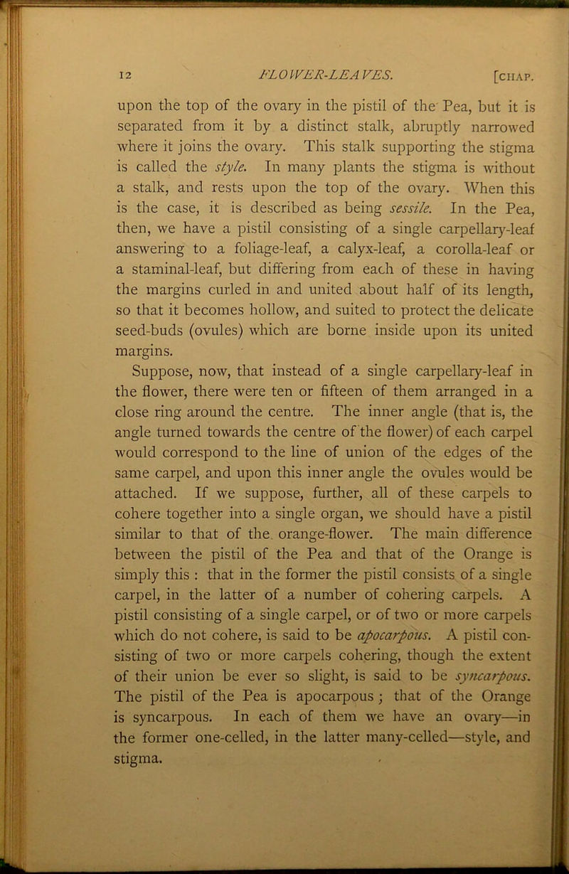 upon the top of the ovary in the pistil of the' Pea, but it is separated from it by a distinct stalk, abruptly narrowed where it joins the ovary. This stalk supporting the stigma is called the style. In many plants the stigma is without a stalk, and rests upon the top of the ovary. When this is the case, it is described as being sessile. In the Pea, then, we have a pistil consisting of a single carpellary-leaf answering to a foliage-leaf, a calyx-leaf, a corolla-leaf or a staminal-leaf, but differing from each of these in having the margins curled in and united about half of its length, so that it becomes hollow, and suited to protect the delicate seed-buds (ovules) which are borne inside upon its united margins. Suppose, now, that instead of a single carpellary-leaf in the flower, there were ten or fifteen of them arranged in a close ring around the centre. The inner angle (that is, the angle turned towards the centre of the flower) of each carpel would correspond to the line of union of the edges of the same carpel, and upon this inner angle the ovules would be attached. If we suppose, further, all of these carpels to cohere together into a single organ, we should have a pistil similar to that of the orange-flower. The main difference between the pistil of the Pea and that of the Orange is simply this : that in the former tire pistil consists of a single carpel, in the latter of a number of cohering carpels. A pistil consisting of a single carpel, or of two or more carpels which do not cohere, is said to be apocarpous. A pistil con- sisting of two or more carpels cohering, though the extent of their union be ever so slight, is said to be syncarpous. The pistil of the Pea is apocarpous ; that of the Orange is syncarpous. In each of them we have an ovary—in the former one-celled, in the latter many-celled—style, and stigma.