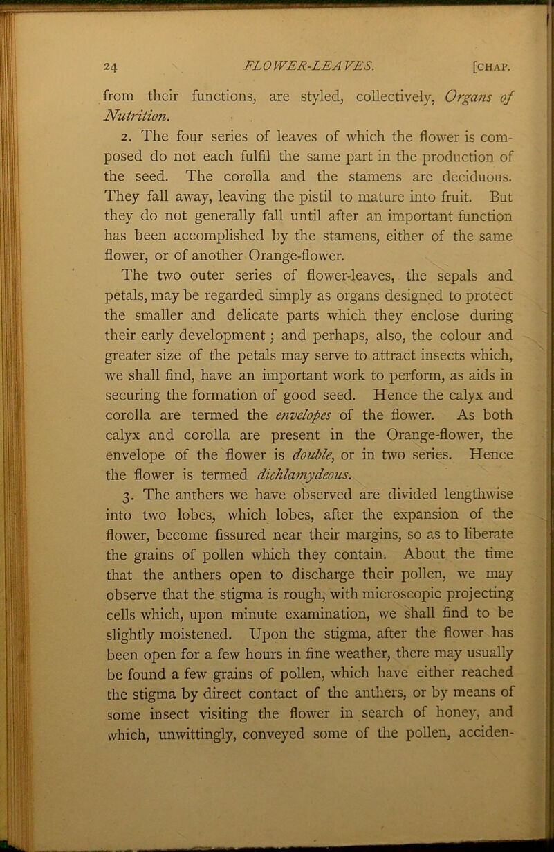 from their functions, are styled, collectively, Organs of Nutrition. 2. The four series of leaves of which the flower is com- posed do not each fulfil the same part in the production of the seed. The corolla and the stamens are deciduous. They fall away, leaving the pistil to mature into fruit. But they do not generally fall until after an important function has been accomplished by the stamens, either of the same flower, or of another Orange-flower. The two outer series of flower-leaves, the sepals and petals, may be regarded simply as organs designed to protect the smaller and delicate parts which they enclose during their early development; and perhaps, also, the colour and greater size of the petals may serve to attract insects which, we shall find, have an important work to perform, as aids in securing the formation of good seed. Hence the calyx and corolla are termed the envelopes of the flower. As both calyx and corolla are present in the Orange-flower, the envelope of the flower is double, or in two series. Hence the flower is termed dichlamydeous. 3. The anthers we have observed are divided lengthwise into two lobes, which lobes, after the expansion of the flower, become fissured near their margins, so as to liberate the grains of pollen which they contain. About the time that the anthers open to discharge their pollen, we may observe that the stigma is rough, with microscopic projecting cells which, upon minute examination, we shall find to be slightly moistened. Upon the stigma, after the flower has been open for a few hours in fine weather, there may usually be found a few grains of pollen, which have either reached the stigma by direct contact of the anthers, or by means of some insect visiting the flower in search of honey, and which, unwittingly, conveyed some of the pollen, acciden-