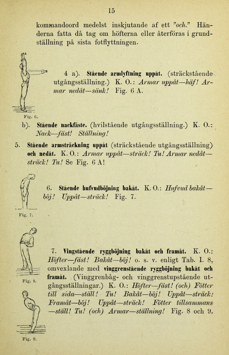 kommandoord medelst inskjutande af ett ”och.” Hän- derna fatta då tag om höfterna eller återföras i grund- ställning på sista fotflyttningen. 4 a). Stående armlyftning uppåt, (sträckstående- utgångsställning.) K. O.: Armar uppåt—häf! Ar- mar nedåt—sänk! Fig. 6 A. Fig. 6. b). Stående nackfäste. (hvilstående utgångsställning.) K. O.: Hack—fäst! Ställning! 5. Stående armsträckning uppåt (sträckstående utgångsställning) och nedåt. K. O.: Armar uppåt—sträck! Tu! Armar nedåt— sträck! Tu! Se Fig. 6 A! ff 6. Stående hufrudböjuing bakåt. K. O.: Hufvud bakåt— |p böj! TJppåt—sträck! Fig. 7. Fig. 7. 7. Vingstående ryggböjning bakåt och framåt. K. O.: Höfter—fäst! Bakåt—böj! o. s. v. enligt Tab. I. 8r omvexlande med vinggrenstående ryggböjuing bakåt och framåt. (Vinggrenbåg- och vinggrenstupstående ut- gångsställningar.) K. O.: Höfter—fäst! (och) Fotter till sida—ställ! Tu! Bakåt—böj! Uppåt—sträckt Framåt—böj! Uppåt—sträck! Fotter tillsammans —ställ! Tu! (och) Armar—ställning! Fig. 8 och 9.