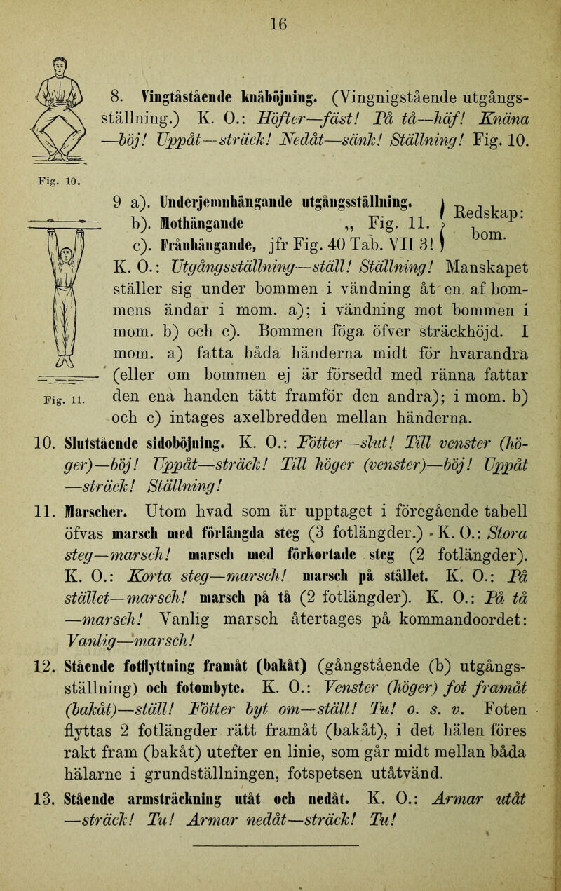 8. Vingtåstående knäböjning. (Vingnigstående utgångs- ställning.) K. 0.: Höfter—fäst! Få tå—häf! Knäna —böj! Uppåt—sträck! Nedåt—sänlc! Ställning! Fig. 10. Fig. 10. ) a). Underjemnhängande utgångsställning. i p , b) . Mothängande „ Fig. 11. \ Kedskap: c) . Iranhängande, jfr Fig. 40 Tab. VII 3! j °m’ K. O.: Utgångsställning—ställ! Ställning! Manskapet ställer sig under bommen i vändning åt en af bom- mens ändar i mom. a); i vändning mot bommen i mom. b) och c). Bommen föga öfver sträckhöjd. I mom. a) fatta båda händerna midt för hvarandra (eller om bommen ej är försedd med ränna fattar Fig. n. den ena handen tätt framför den andra); i mom. b) och c) intages axelbredden mellan händerna. 10. Slutståendc sidoböjuing. K. 0.: Fotter—slut! Till venster (hö- ger)—böj! Uppåt—sträck! Till höger (venster)—böj! Uppåt —sträck! Ställning! 11. Marscher. Utom livad som är upptaget i föregående tabell öfvas marsch med förlängda steg (3 fotlängder.) *K. 0.: Stora steg—marsch! marsch med förkortade steg (2 fotlängder). K. 0.: Korta steg—marsch! marsch på stället. K. 0.: Få stället—marsch! marsch på tå (2 fotlängder). K. 0.: Få tå —marsch! Vanlig marsch återtages på kommandoordet: Vanlig—marsch! 12. Stående fotflyttning framåt (bakåt) (gångstående (b) utgångs- ställning) och fotombyte. K. 0.: Venster (höger) fot framåt (bakåt)—ställ! Fötter byt om—ställ! Tu! o. s. v. Foten flyttas 2 fotlängder rätt framåt (bakåt), i det hälen föres rakt fram (bakåt) utefter en linie, som går midt mellan båda hälarne i grundställningen, fotspetsen utåtvänd. 13. Stående armsträckning utåt och nedåt. K. 0.: Armar utåt —sträck! Tu! Armar nedåt—sträck! Tu!