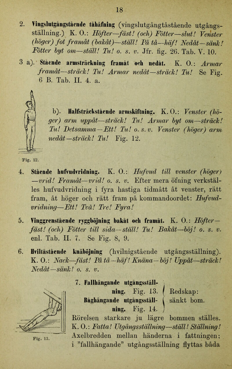 2. Vingslutgångståcnde tåhäfning (vingslutgångtåstående utgångs- ställning.) K. 0.: Höfter—fäst! (och) Fotter—slut! Venster (höger) fot framåt (halat)—ställ! Fåtå—häf! Nedåt—sänk! Fotter byt om—ställ! Tu! o. s. v. Jfr. fig. 26. Tab. V. 10. 3 a). Stående armsträckning framåt och nedåt. K. O.: Armar framåt—sträcl! Tu! Armar nedåt—sträck! Tu! Se Fig. 6 B. Tab. II. 4. a. b). Halfsträckståendc armskiftning. K. 0.: Venster (hö- ger) arm uppåt—sträck! Tu! Armar hy t om—sträck! Tu! Detsamma—Ett! Tu! o. s. v. Venster (höger) arm nedåt—sträck! Tu! Fig. 12. Fig. 12. 4. Stående hufvudmdning. K. 0.: Hufvud till venster (höger) —vrid! Framåt—vrid! o. s. v. Efter mera öfning verkstäl- les hufvudvridning i fyra hastiga tidmått åt venster, rätt fram, åt höger och rätt fram på kommandoordet: Hufvud- vridning—Ett! Två! Tre! Fyra! 5. Vinggrenstående ryggböjniug bakåt och framåt. K. 0.: Höfter — fäst! (och) Fötter till sida—ställ! Tu! Bakåt—höj! o. s. v.- enl. Tab. II. 7. Se Fig. 8, 9. 6. Hviltåstående knäböjning (hvilnigstående utgångsställning). K. 0.: Nack—fäst! Fåtå—häf! Knäna— höj! Uppåt—sträckt Nedåt—sänk! o. s. v. 7. Fallhängande ntgångsställ- ning. Fig. 13. ( Redskap: Råghängande utgångsställ- i sänkt bom. ning. Fig. 14. ) Rörelsen starkare ju lägre bommen ställes. K. 0.: Fatta! Utgångsställning—ställ! Ställning! Axelbredden mellan händerna i fattningen; i ”fallhängande” utgångsställning flyttas båda