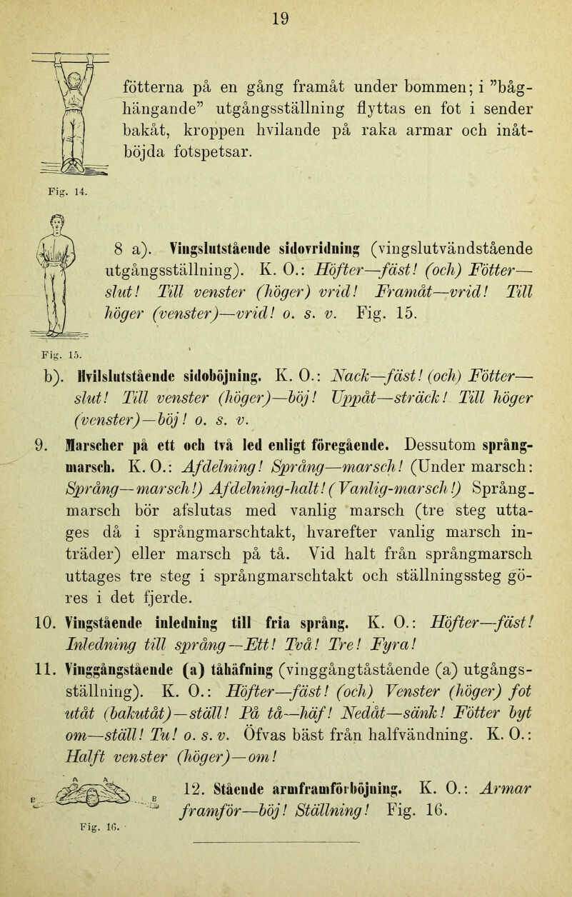 I fotterna på en gång framåt under bommen; i ”båg- hängande” utgångsställning flyttas en fot i sender bakåt, kroppen hvilande på raka armar och inåt- böjda fotspetsar. Fig. 14. 8 a). Vingslutstående sidovriduing (vingslutvändstående utgångsställning). K. O.: Höfter—fäst! (och) Fotter— slut! Till venster (höger) vrid! Framåt—vrid! Till höger (venster)—vrid! o. s. v. Fig. 15. Fig. 15. b). Hvilslutstående sidoböjning. K. O.: Nack—fäst! (och) Fött er— slut! Till venster (höger)—böj! TJjopåt—sträck! Till höger (venster)—böj! o. s. v. 9. Marscher på ett och två led enligt föregående. Dessutom språng- marsch. K. O.: Af delning! Språng—marsch! (Under marsch: Språng— marsch!) Af delning-halt! ( Vanlig-marsch!) Språng _ marsch bör afslutas med vanlig marsch (tre steg utta- ges då i språngmarschtakt, hvarefter vanlig marsch in- träder) eller marsch på tå. Vid halt från språngmarsch uttages tre steg i språngmarschtakt och ställningssteg gö- res i det fjerde. 10. Vingstående inledning till fria språng. K. O.: Höfter—fäst! Inledning till språng—Ett! Två! Tre! Fyra! 11. Vinggångstående (a) tåhäfning (vinggångtåstående (a) utgångs- ställning). K. O.: Höfter—fäst! (och) Venster (höger) fot utåt (bakutåt)—ställ! På tå—häf! Nedåt—sänk! Fotter byt om—ställ! Tu! o. s. v. Öfvas bäst från halfvändning. K. O.: Halft venster (höger)—om! 12. Stående armframföi böjning. K. O.: Armar framför—böj! Ställning! Fig. 16. Fig. 16. ■