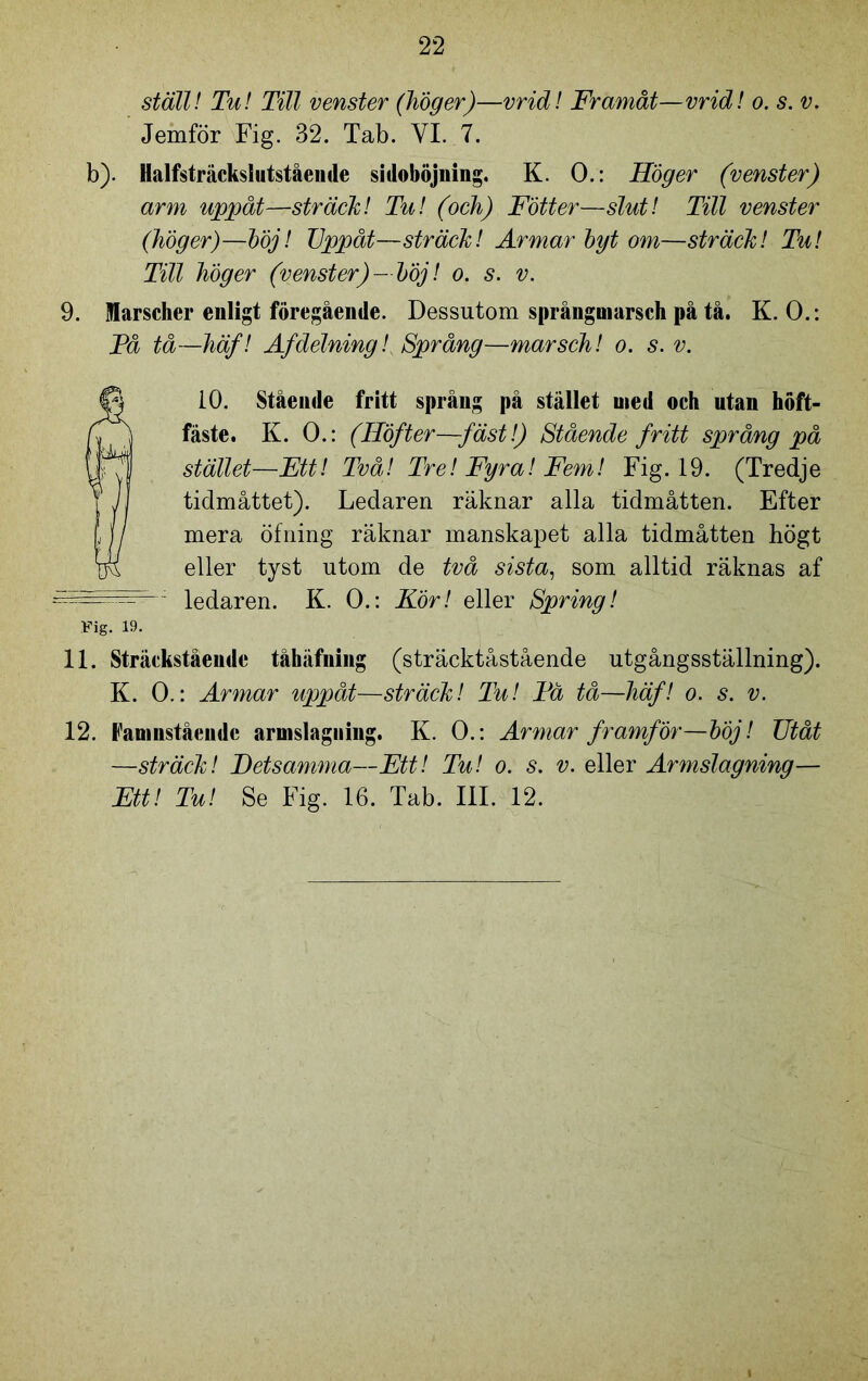 ställ! Tu! Till venster (höger)—vrid! Framåt—vrid! o. s. v. Jemför Fig. 32. Tab. Yl. 7. b). Halfsträckslutstående sidoböjning. K. 0.: Höger (venster) arm uppåt—sträck! Tu! (och) Fötter—slut! Till venster (höger)—böj! Uppåt—sträck! Armar byt om—sträck! Tu! Till höger (venster)- böj! o. s. v. 9. Marscher enligt föregående. Dessutom språngmarsch på tå. K. 0.: Få tå—häf! Af delning! Språng—marsch! o. s. v. 10. Stående fritt språng på stället med och utan höft- fäste. K. 0.: (Höfter—fäst!) Stående fritt språng på stället—Ett! Två! Tre! Fyra! Fem! Fig. 19. (Tredje tidmåttet). Ledaren räknar alla tidmåtten. Efter mera öfning räknar manskapet alla tidmåtten högt eller tyst utom de två sista, som alltid räknas af •' “•• ledaren. K. 0.: Kör! eller Spring! Fig. 19. 11. Sträckstående tåhäfning (sträcktåstående utgångsställning). K. 0.: Armar uppåt—sträck! Tu! Få tå—häf! o. s. v. 12. Famnstående armslaguing. K. 0.: Armar framför—böj! Utåt —sträck! Detsamma—Ett! Tu! o. s. v. eller Armslagning— Ett! Tu! Se Fig. 16. Tab. III. 12.